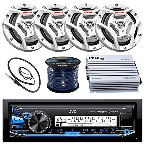 Jvc Marine Boat Yacht Radio Bluetooth Media Player Receiver Bundle Combo With 4 X 6.5'' 2-Way Coaxial White Speakers & 4Ch Amp