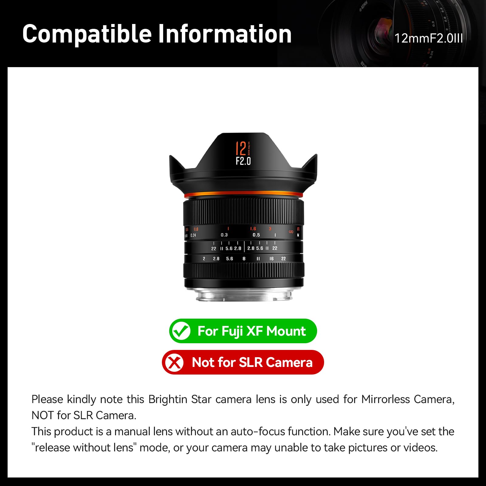 Brightin Star 12Mm F2 Iii Manual Focus Prime Lens For Fujifilm Xf Mount Mirrorless Cameras, Aps C Ultra Wide Angle Large Apertur