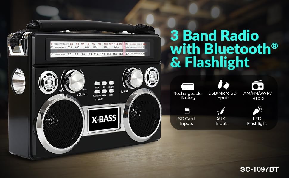 Supersonic Sc-1097Bt Portable 3 Band Radio With Bluetooth And Flashlight, M/Fm/Sw Receiver With Mp3 Playback, High Sensitivity,