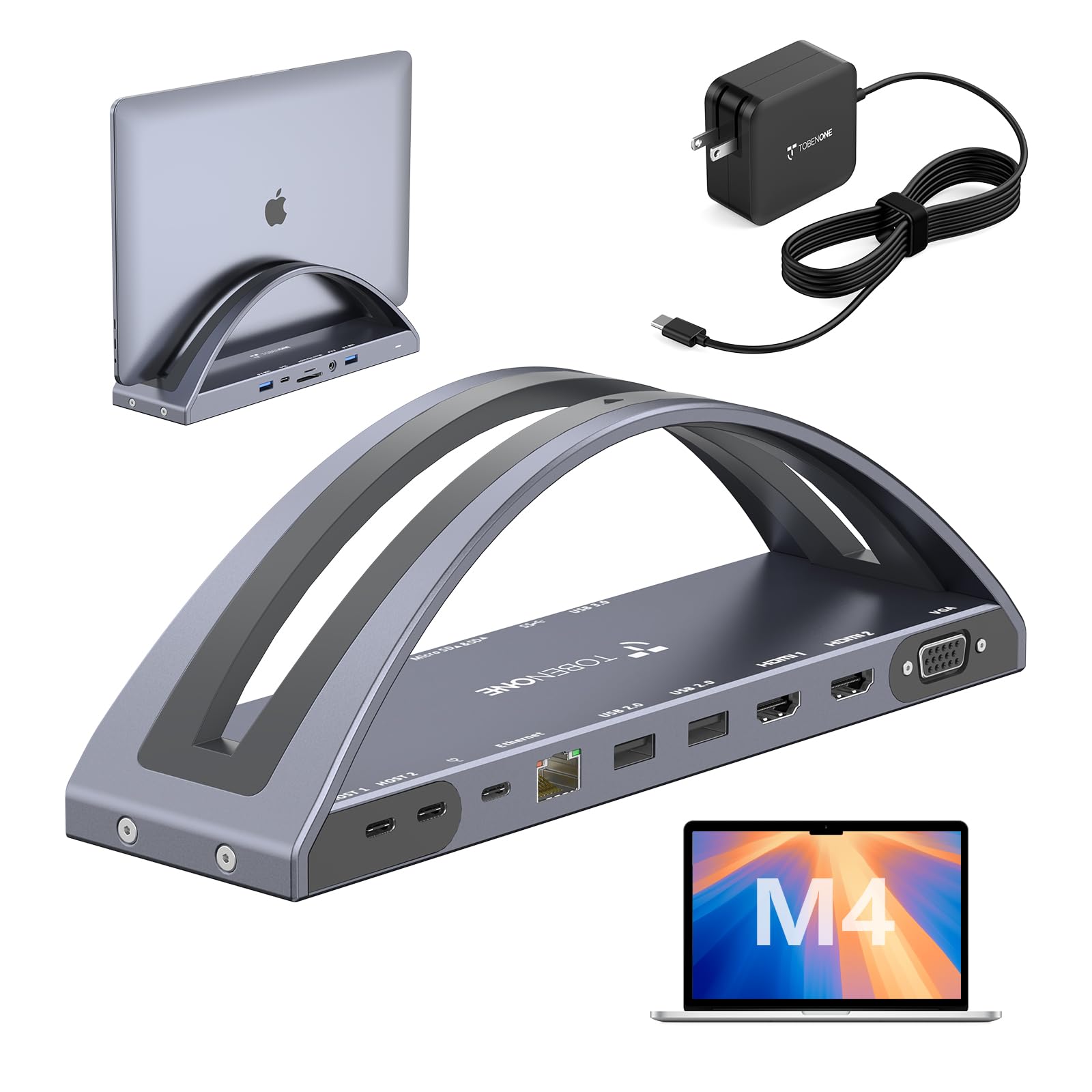 TobenONE MacBook Docking Station Dual 4K Monitor for M1-M5 Pro/Max, 13-in-2 USB C Docking Station with 100W Power Adapter, Lapto