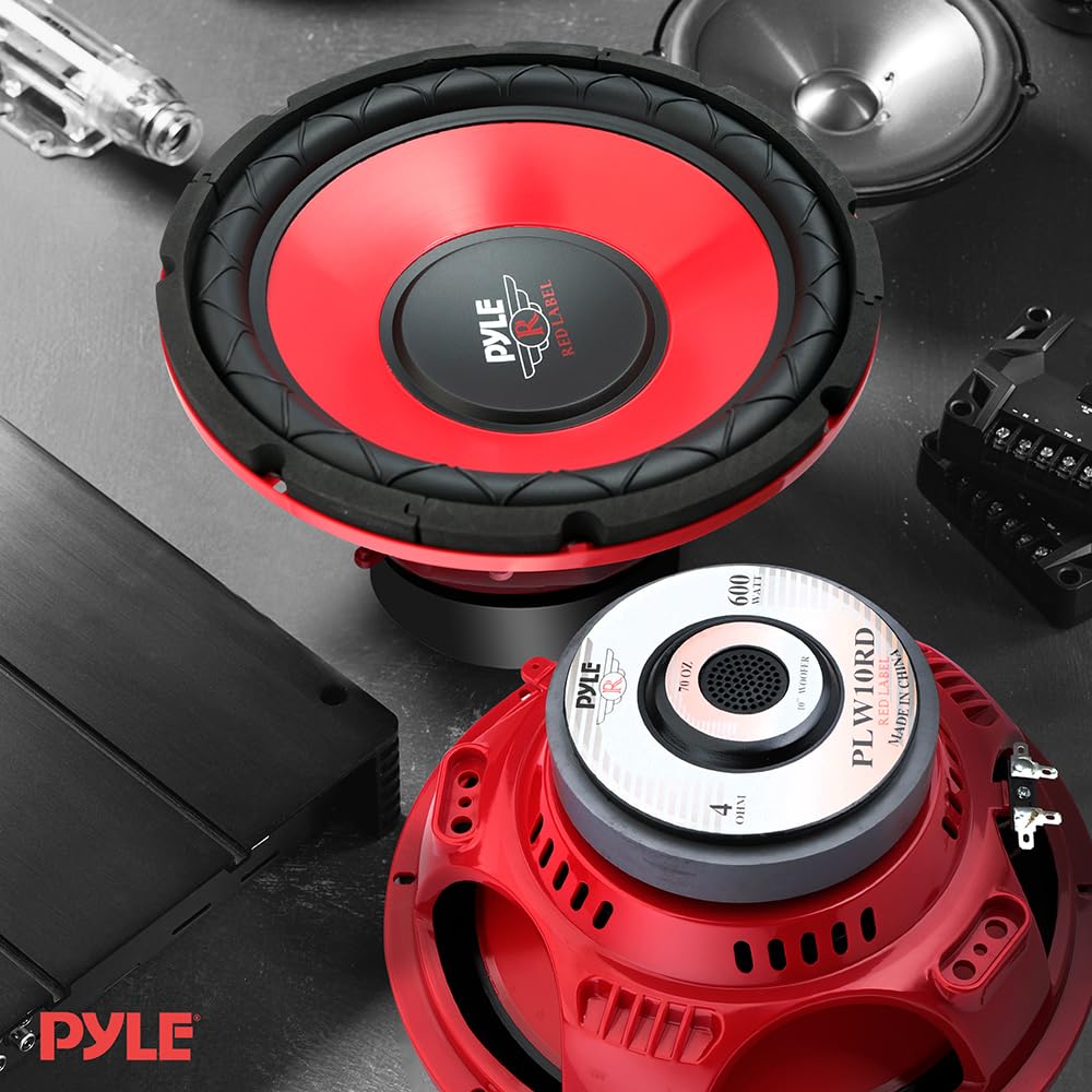 Pyle 10 Inch Car Subwoofer Speaker - Red Electro-Plated Cone, 600W Power, 4 Ohm Impedance, Model PLW10RD