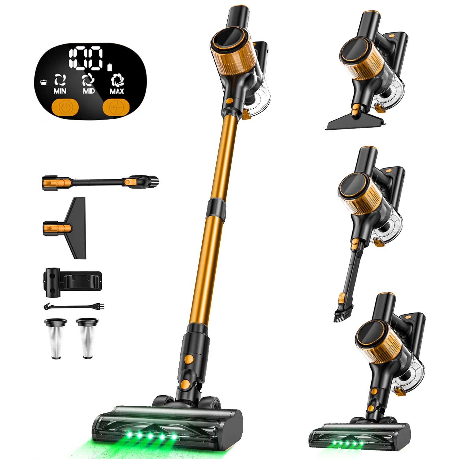 Cordless Vacuum Cleaner, 350W/30Kpa 8 In 1 Stick Vacuum With Anti Tangle Brush, Upgraded Green Led Light, 40Min Runtime, Lightwe