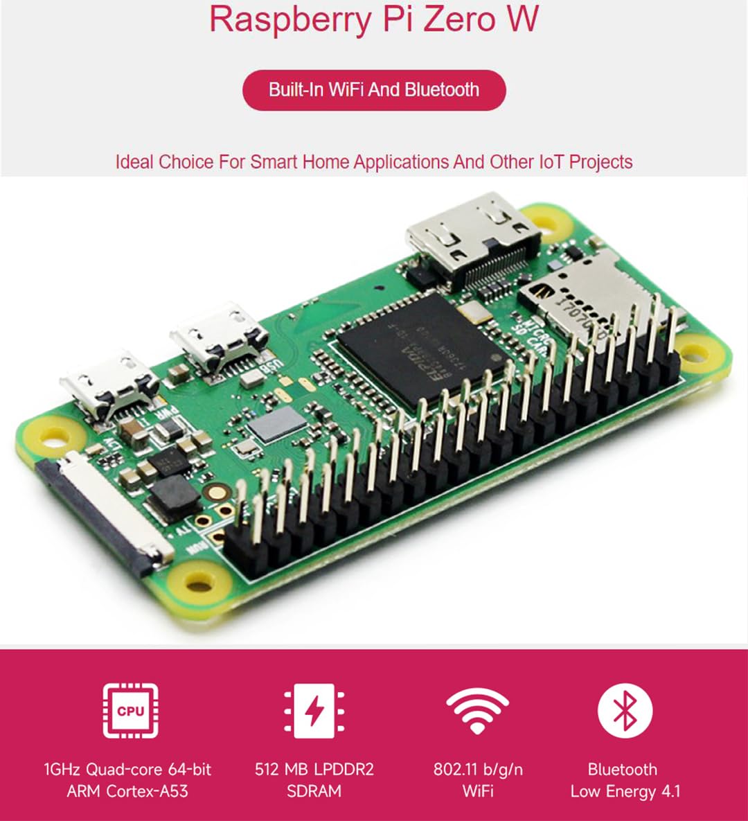Built In Wifi And Bluetooth Pi Zero Wh, Zero Wh Package Comes With Raspberry Pi Zero W With 40Pin Pre Soldered Gpio Headers +Min