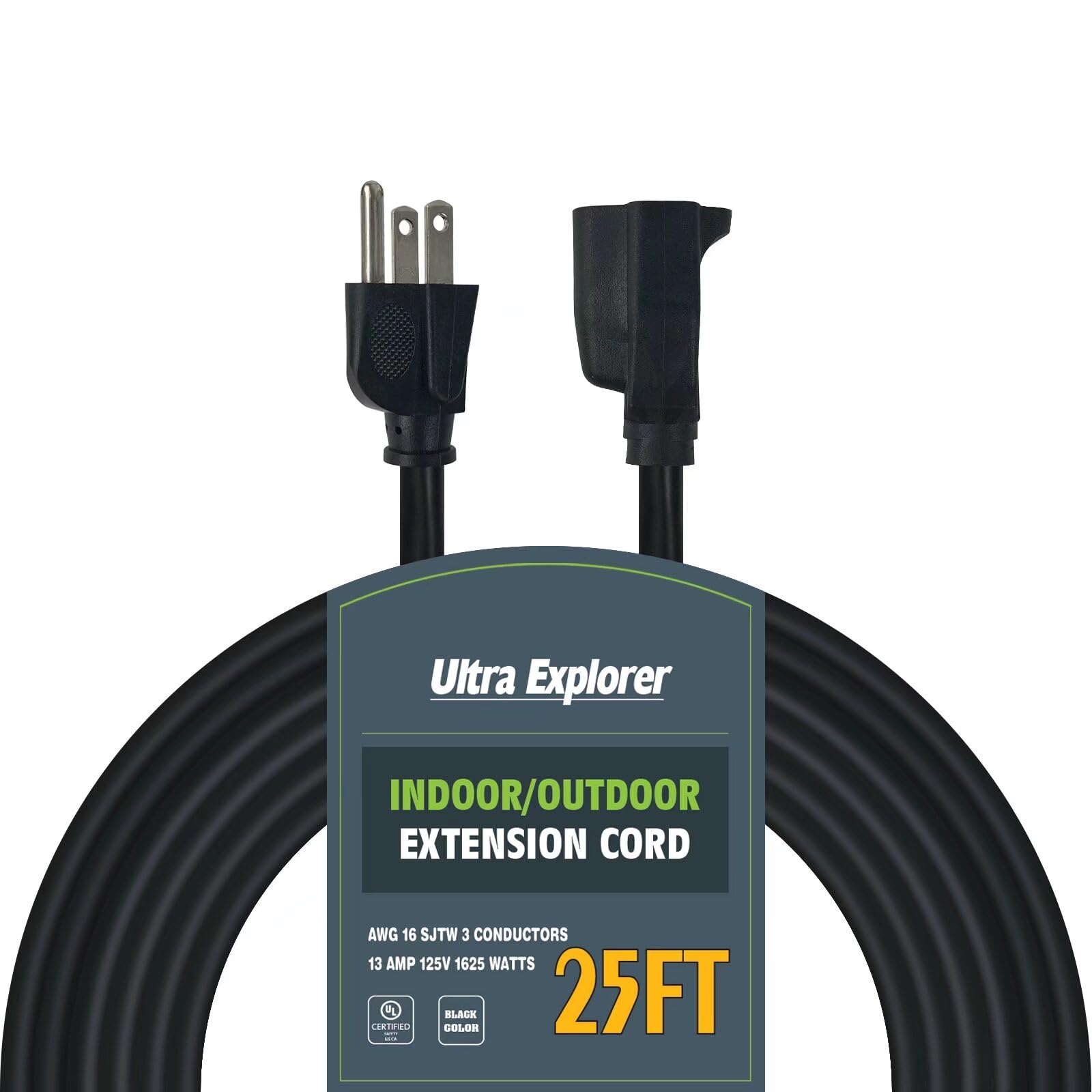 25 Ft 16/3 Outdoor Extension Cord Waterproof   16 Gauge 3 Prong Electric Cord, Sjtw, 13A 1625W 125V, Grounded Plug Extension Wir