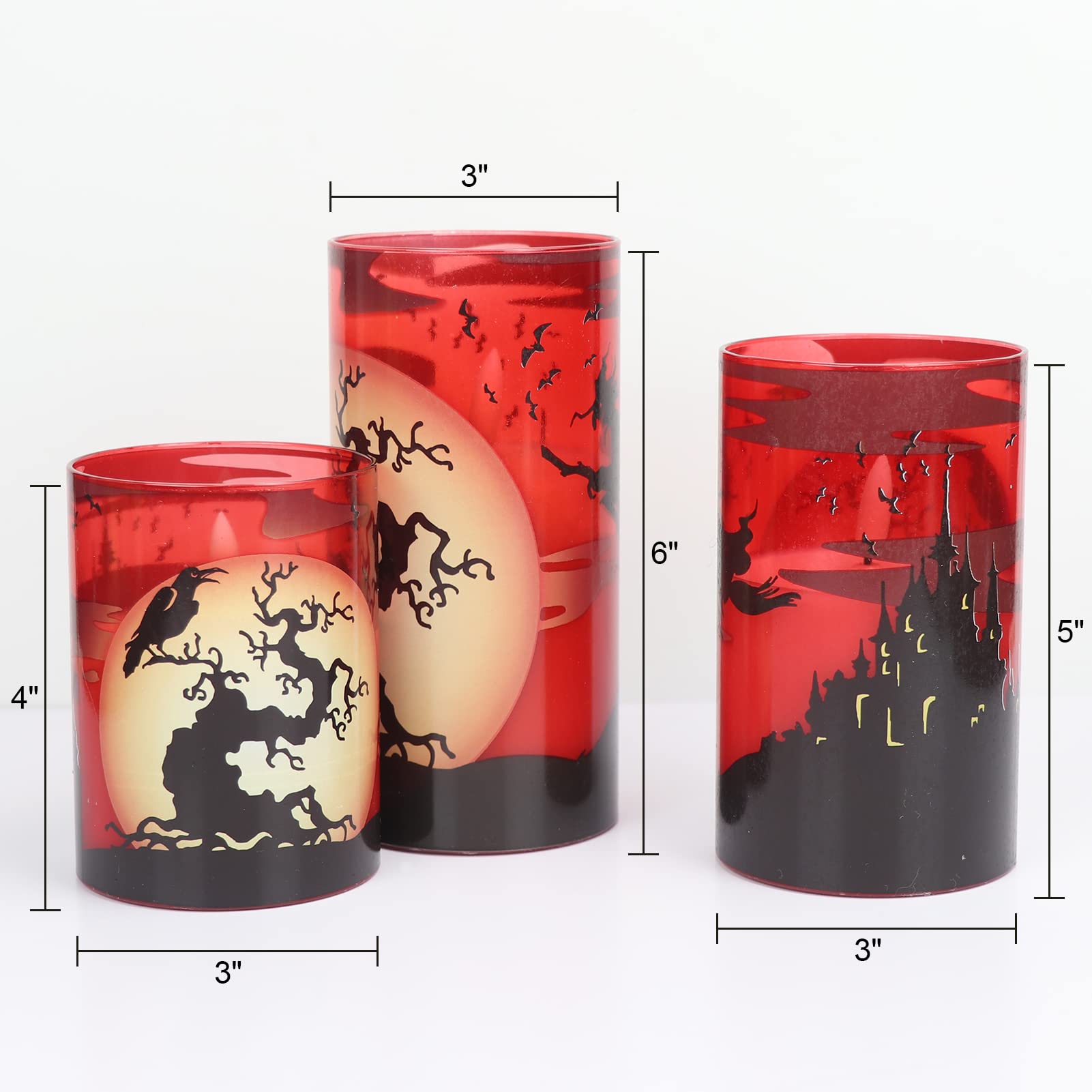 Eldnacele Halloween Flickering Candles With Witch, Crow Raven, Castle Decals, Red Glass Battery Operated Flameless Led Candles W