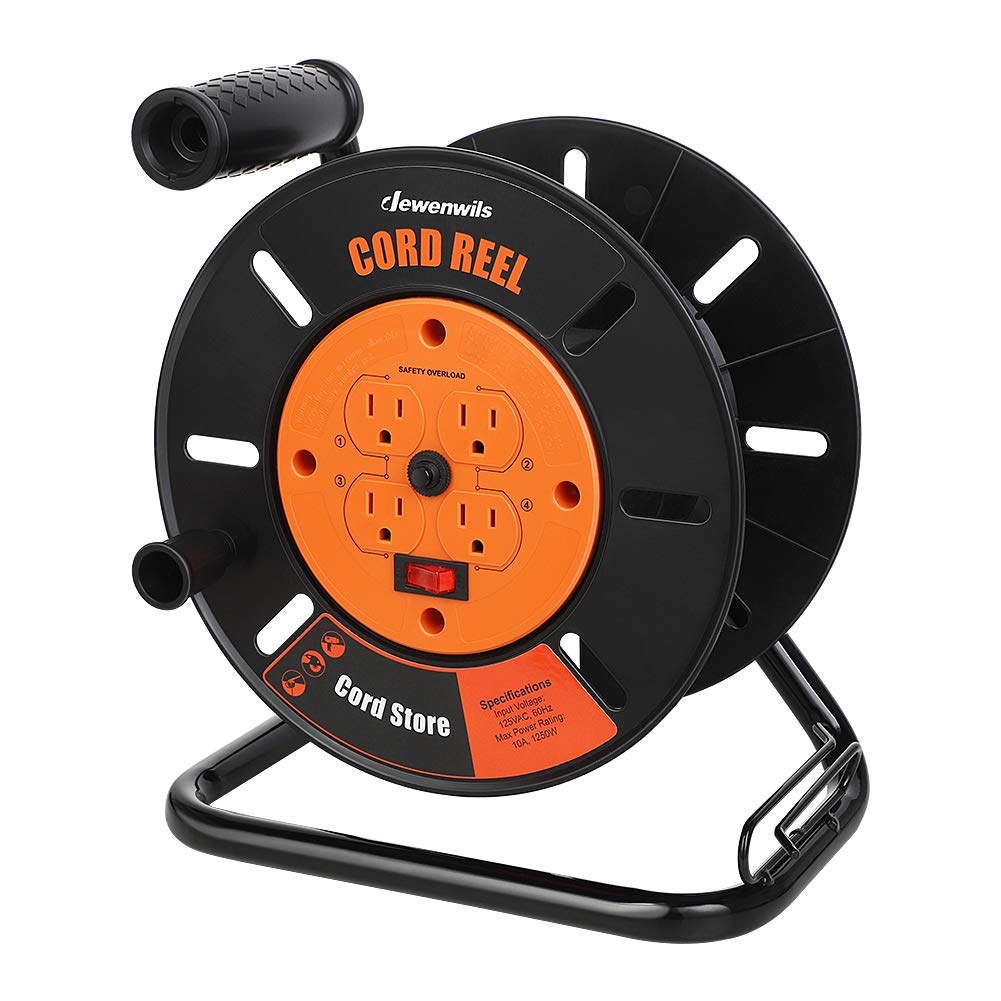 Dewenwils Extension Cord Storage Reel With 4 Grounded Outlets, Heavy Duty Open Cord Reel For 12/3,14/3,16/3 Gauge Power Cord, Ha