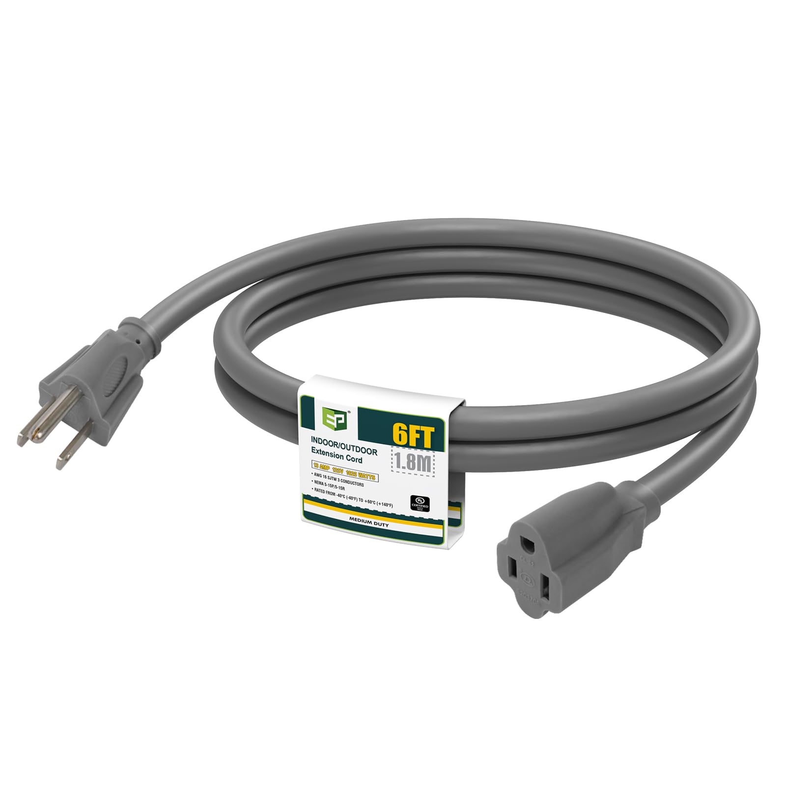 Ep 6 Ft Outdoor Extension Cord   16/3 Sjtw Gray Electrical Cable With 3 Prong Grounded Plug, Ul Listed