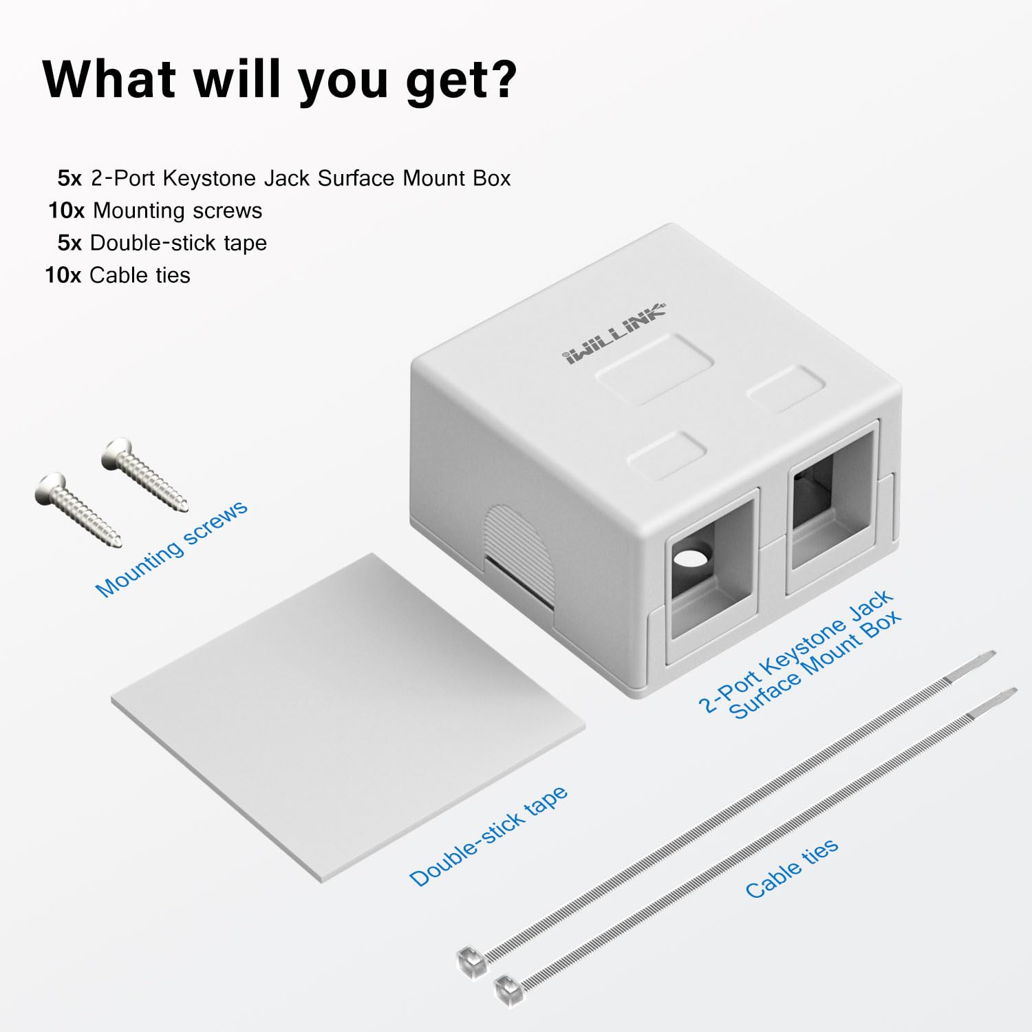 Iwillink 2 Port Keystone Jack Surface Mount Box, White 5 Pack