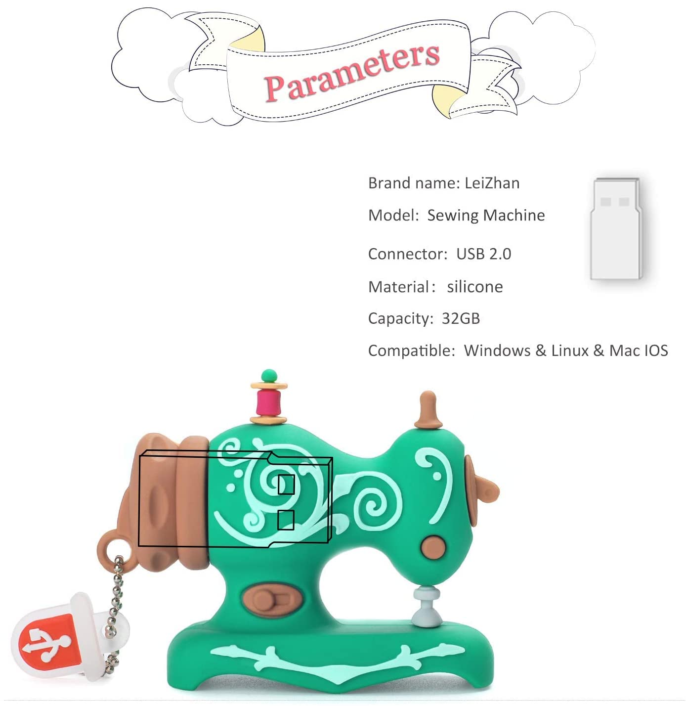 Cute Usb Flash Drive 64Gb, Leizhan Embroidery Sewing Machine Shape Memory Stick Thumb Drive Data Storage Pendrive Jump Drive Usb Stick, Green
