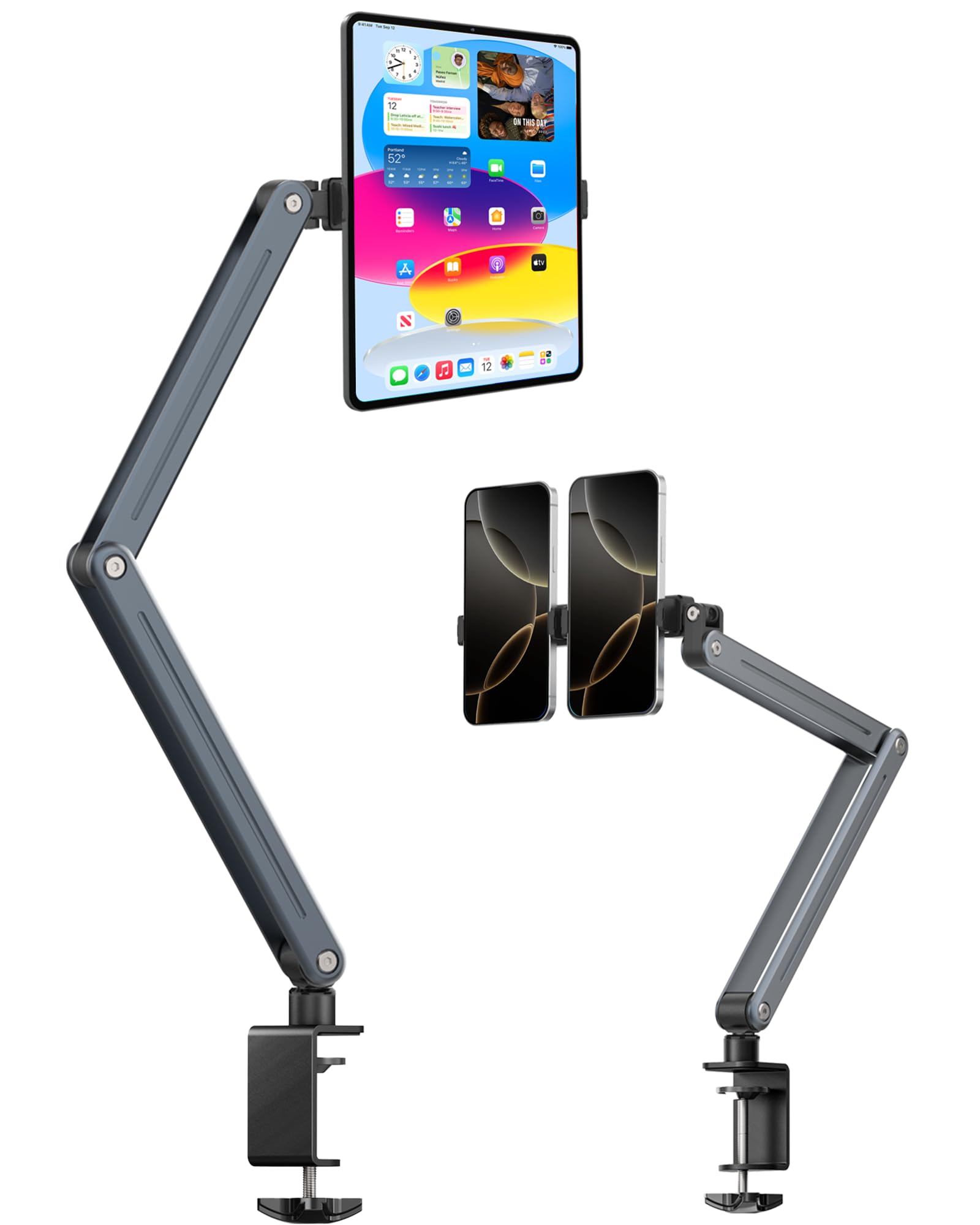 Qjykione Foldable Tablet Stand For Desk And Bed, Aluminum Alloy Ipad Arm Mount 360 Adjustable Phone Holder Compatible With Ipad 