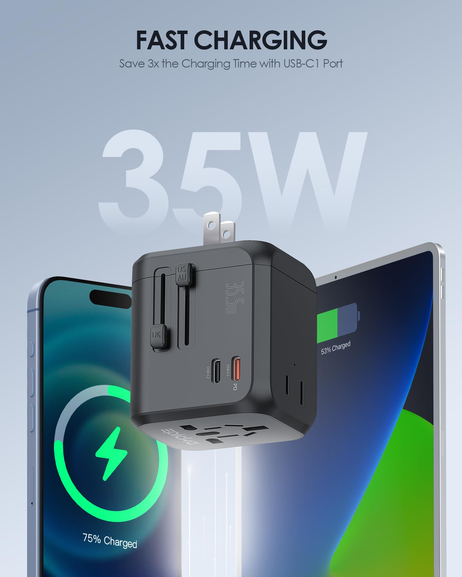 Epicka 35W Universal Travel Adapter With 2 Ac Outlet, European Travel Plug Adapter With Pd Fast Charging, 6-Port (2 Ac/2 Usb-C/3