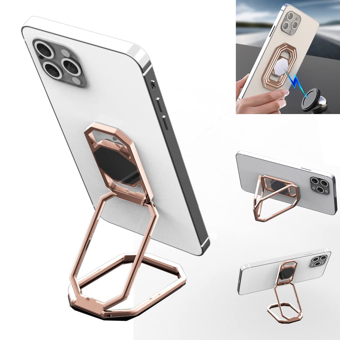 Rimyam Phone Ring Holder Finger Kickstand Cell Phone Grip 360 Foldable Phone Stand Metal Phone Back Grip For Magnetic Car Mount 