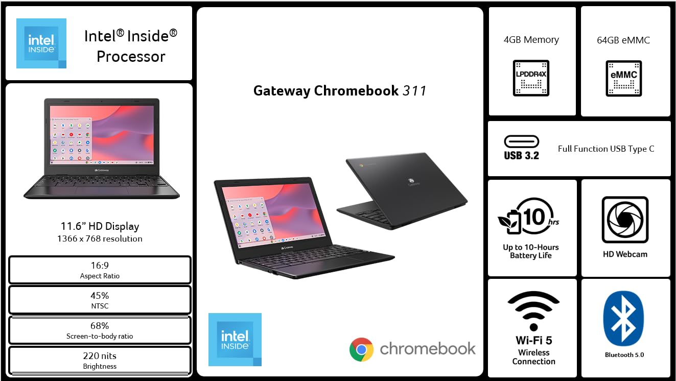 Acer Gateway Chromebook 311 Cbo311 1H C1Mx Laptop | Intel Celeron N4500 | 11.6'' Hd (1366 X 768) Display | 4Gb Lpddr4X | 64Gb Em