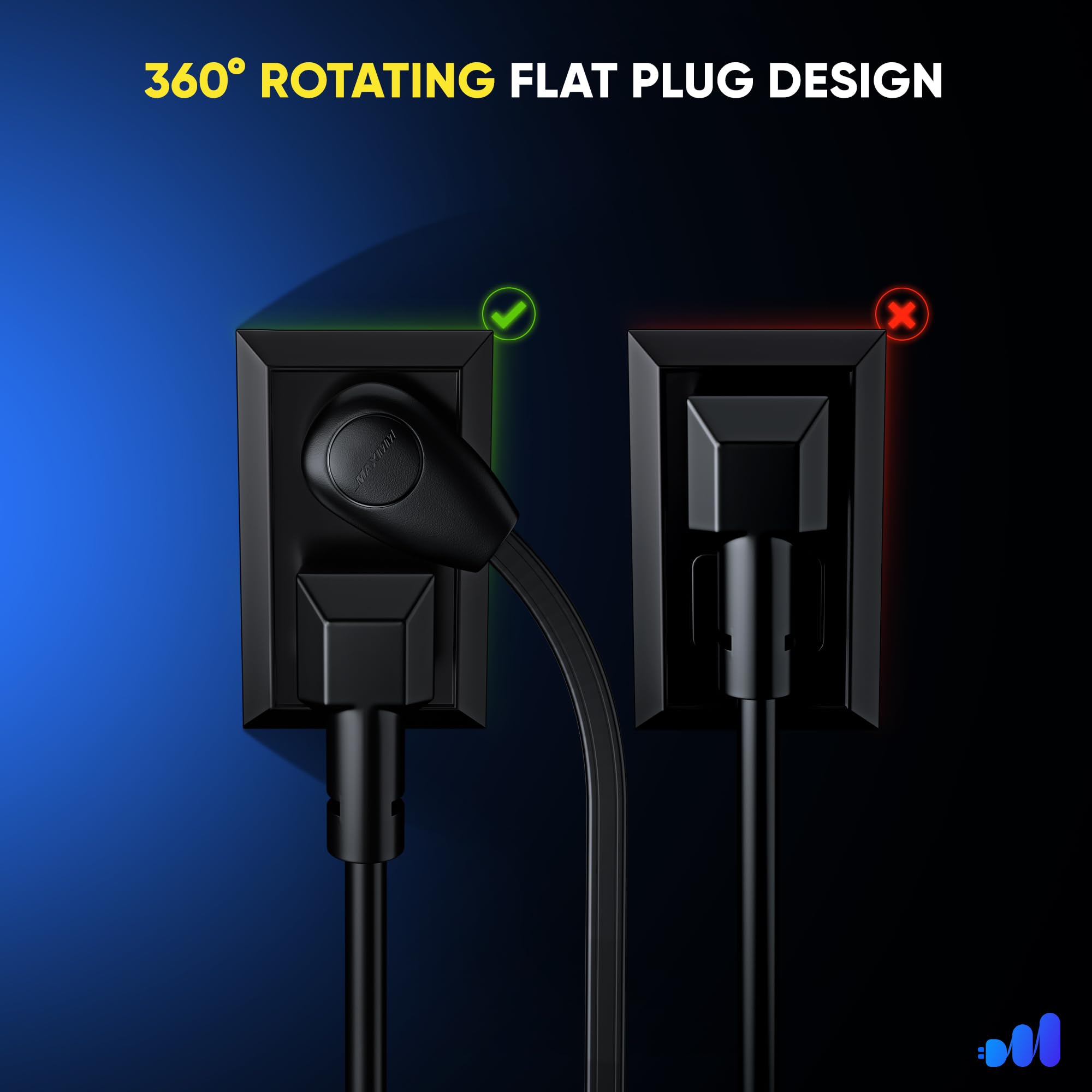Maximm Cable 3Ft 360 Rotating Flat Plug Extension Cord/Wire, 16 Awg Multi 3 Outlet Extension Wire, 2 Prong With Safety Cover   B