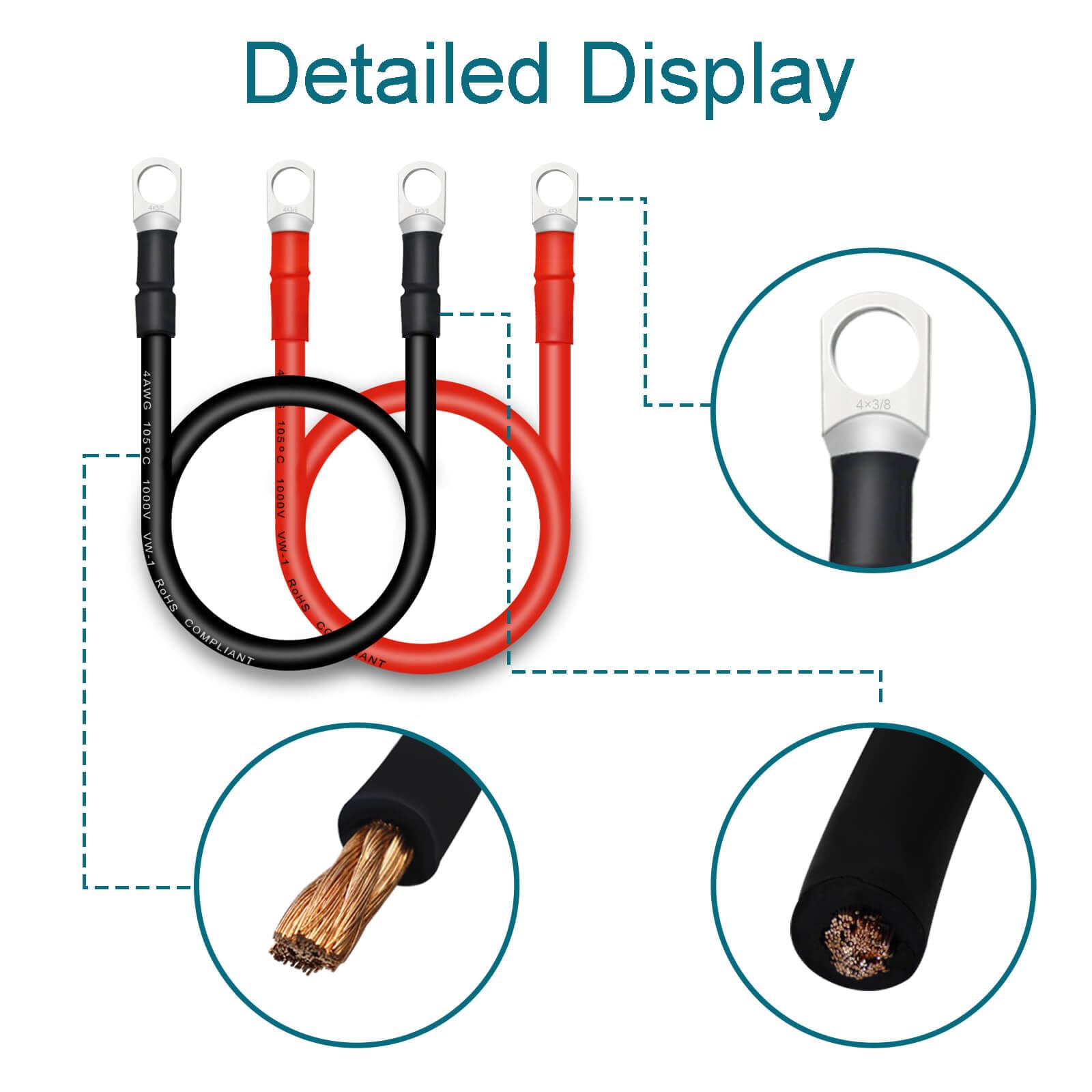 Qiatol 4 Awg Battery Cables With 3/8 Inch Copper Terminals(4Pcs 2Ft).