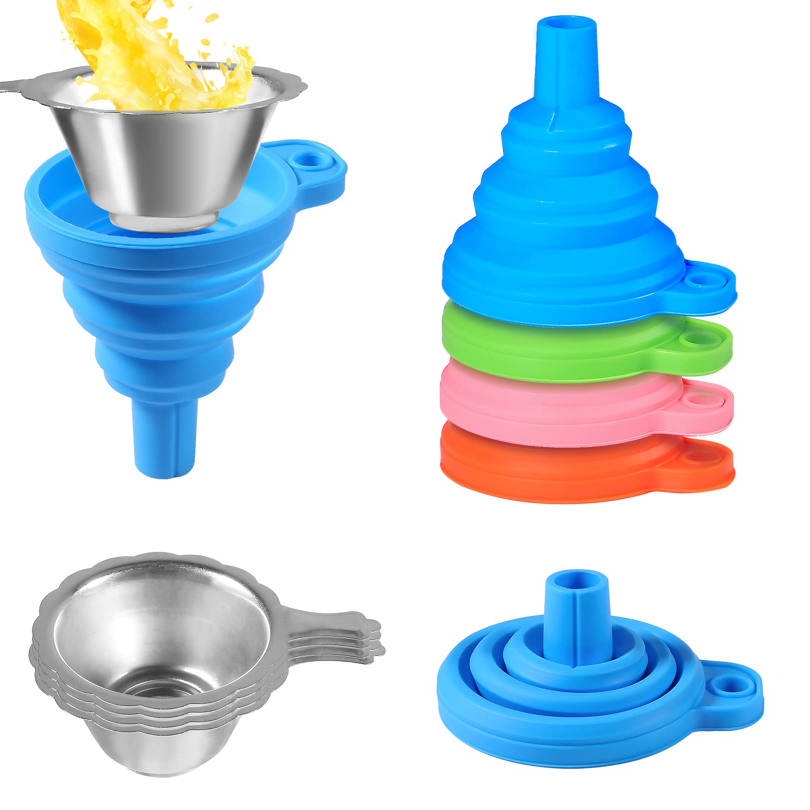 Coliao 8 Pack 3D Printer Accessories Resin Filter Funnel Set 4 Stainless Steel Filter Cups And 4 Collapsible Silicone Funnels Fo