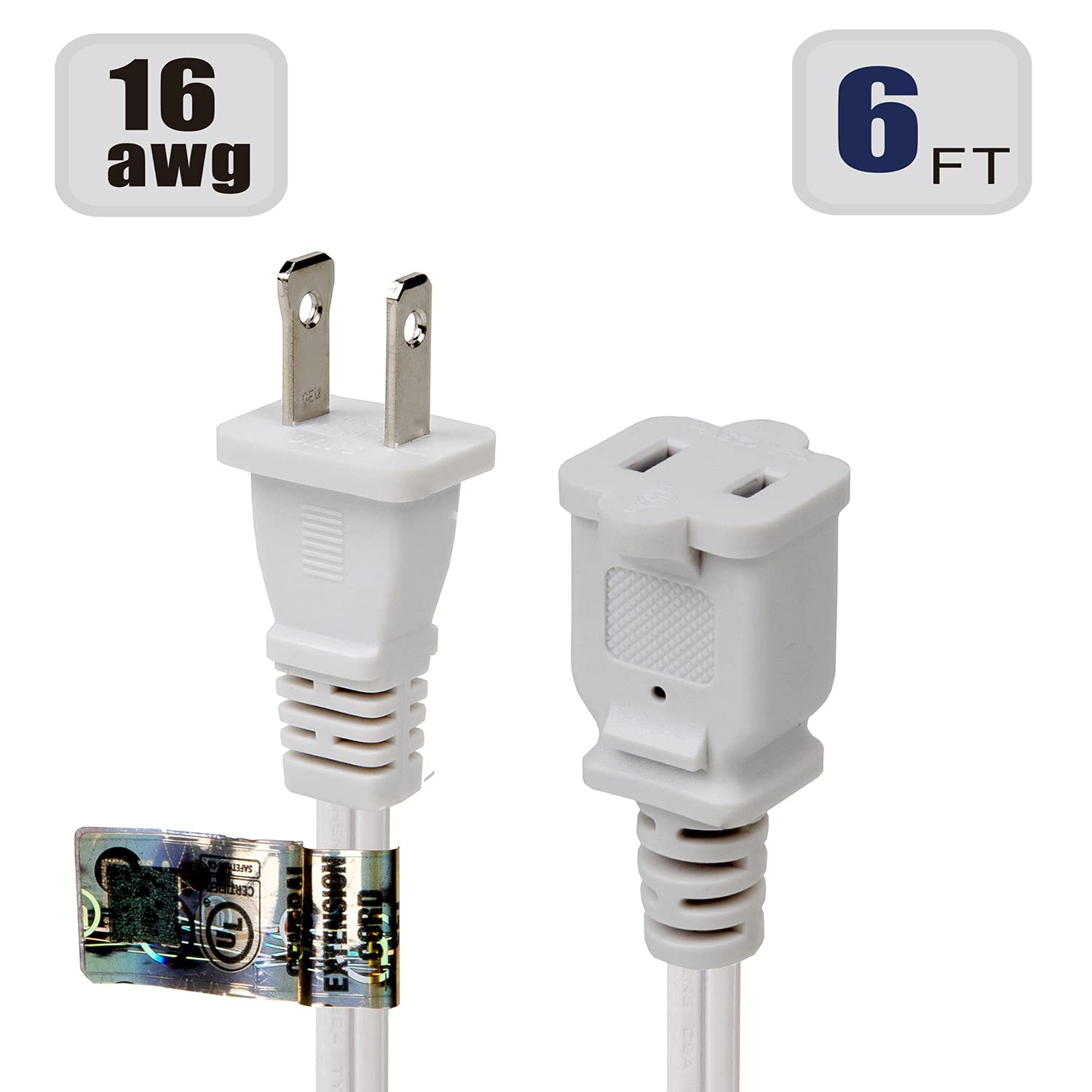6Ft Polarized White Us 2 Prong Male Female Extension Power Cord,16Awg 2 Prong Extension Cord2 Prong Male/Female Extension, Nema