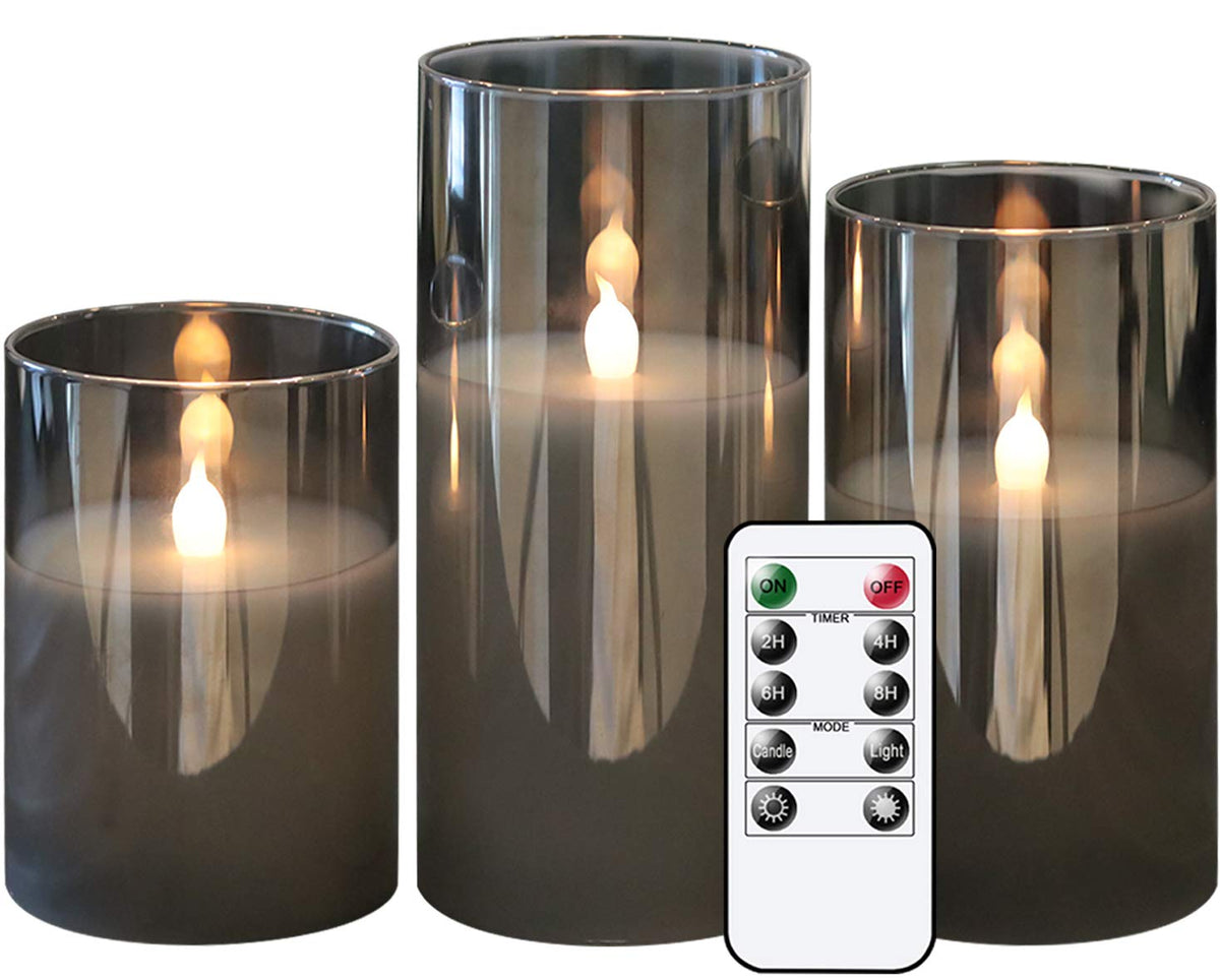 Genswin Gray Glass Battery Operated Flameless Led Candles With 10-Key Remote And Timer, Real Wax Candles Warm White Flickering L