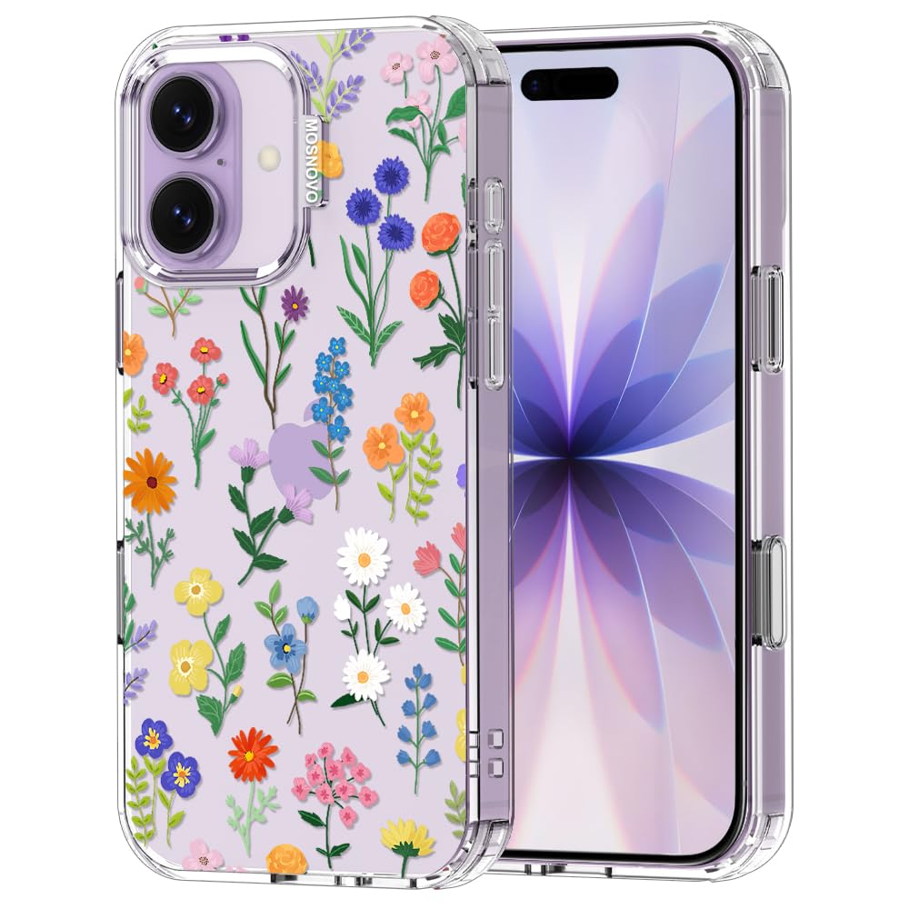 MOSNOVO for iPhone 17 Case | Military Grade 6.6ft Drop Tested | Camera Control | Clear with Botanical Floral Design