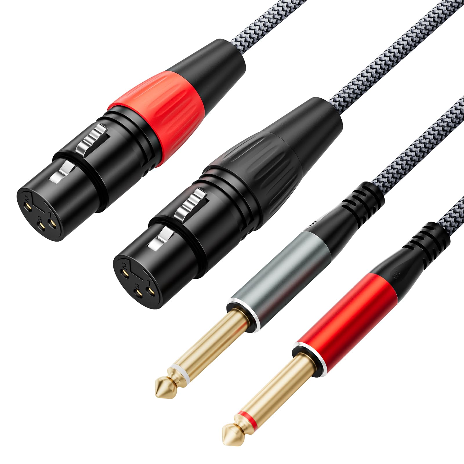 JOMLEY XLR Female to 1/4 inch TS Cable 10ft, Nylon Braided 2 XLR Female to 2 x 6.35mm Quarter Inch TS Mono Y Splitter Audio Patc