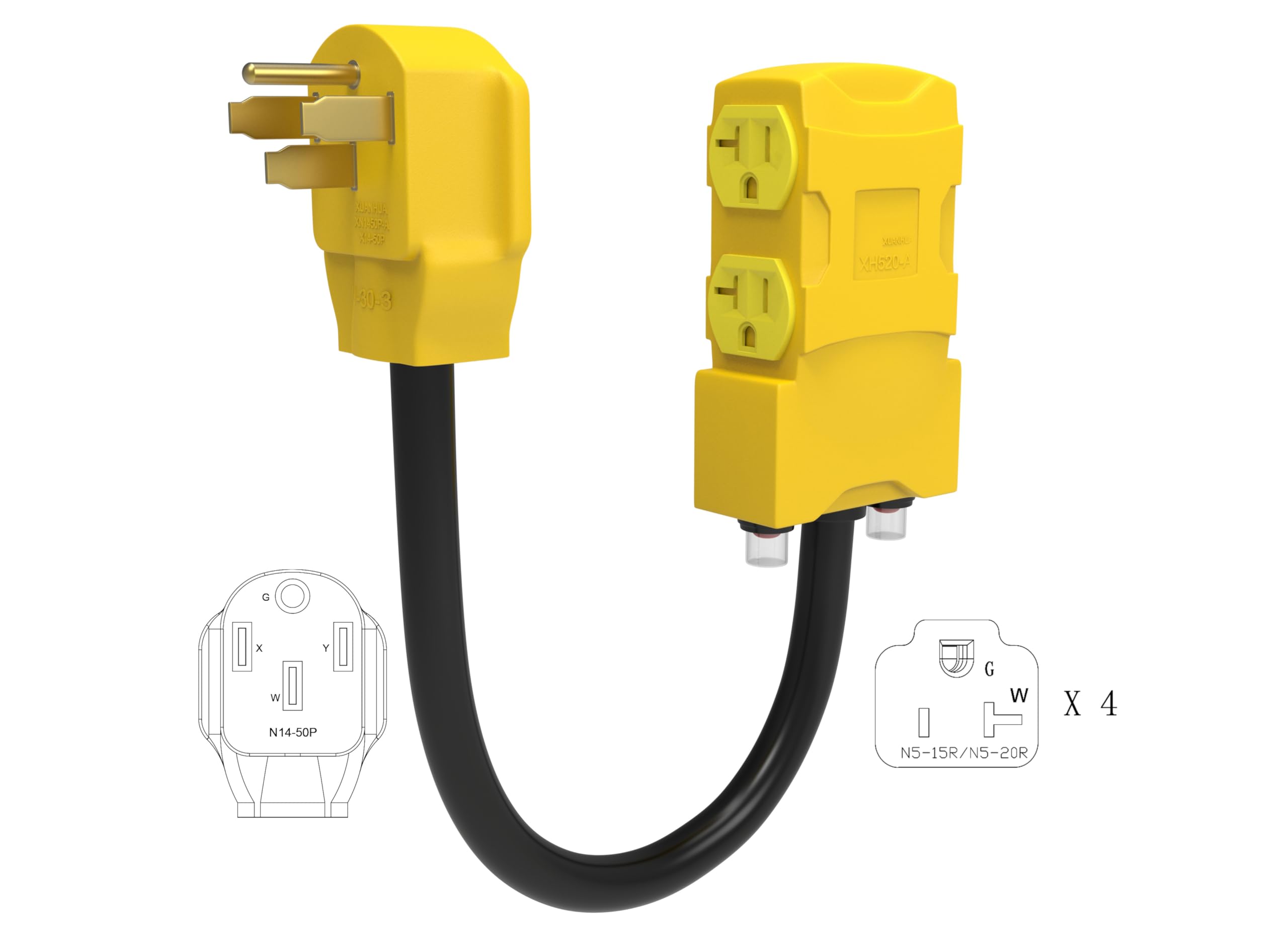 Generic 50Amp To 20 Amp 110V Rv Distribution Adapter. 4 Prong Nema 14 50P Male To 4*5 20R/5 15R Household Outlet Female With Cir