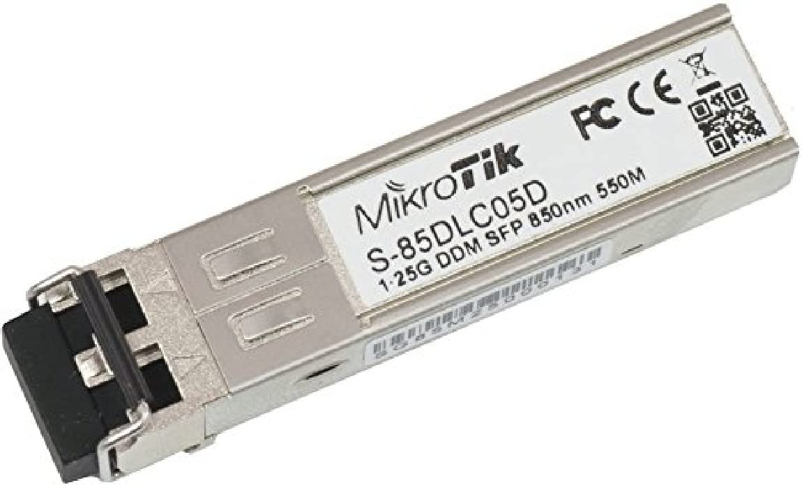 Mikrotik S-85DLC05D is a 1.25G SFP transceiver with a 850nm Dual LC connector, for up to 550 meter Multi Mode fiber