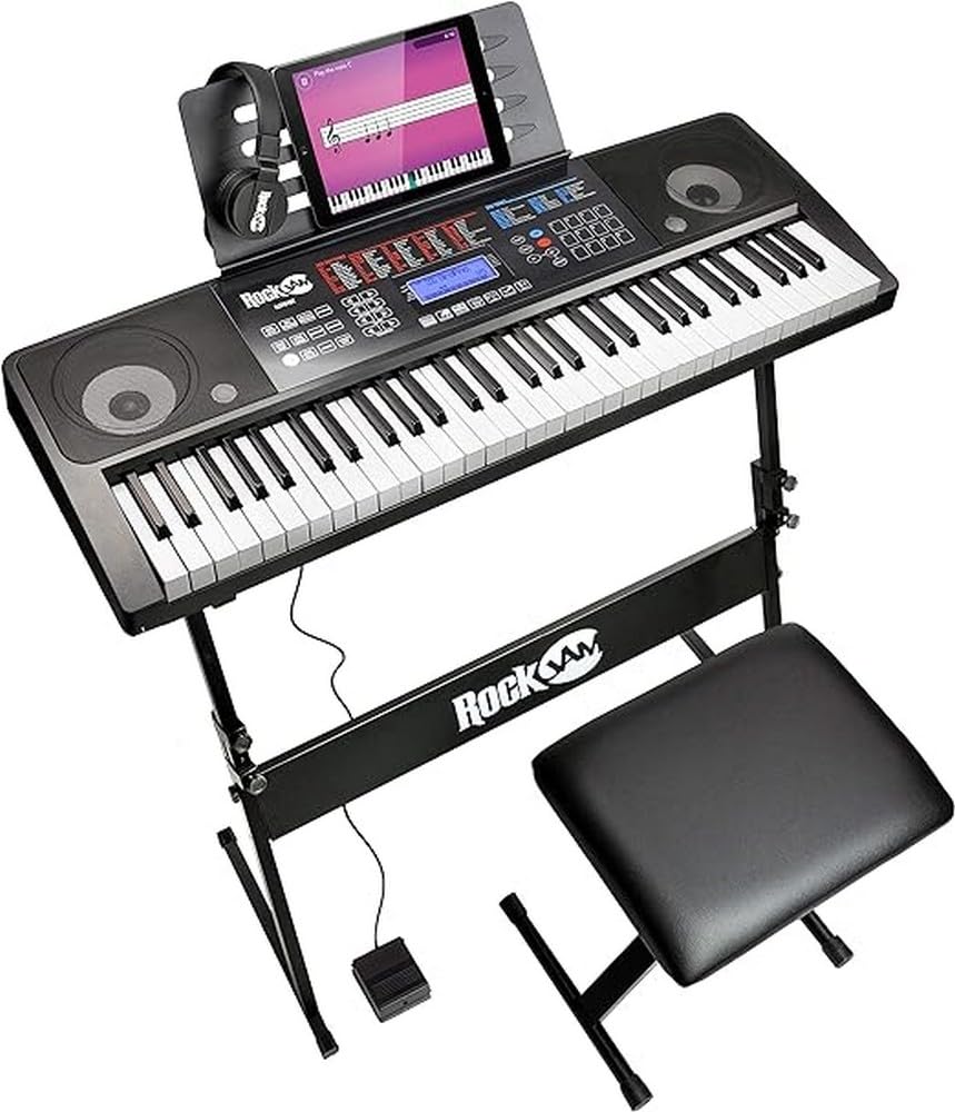 RockJam 61 Key Touch Display Keyboard Piano Kit with Digital Piano Bench, Electric Piano Stand, Headphones Piano Note Stickers, 