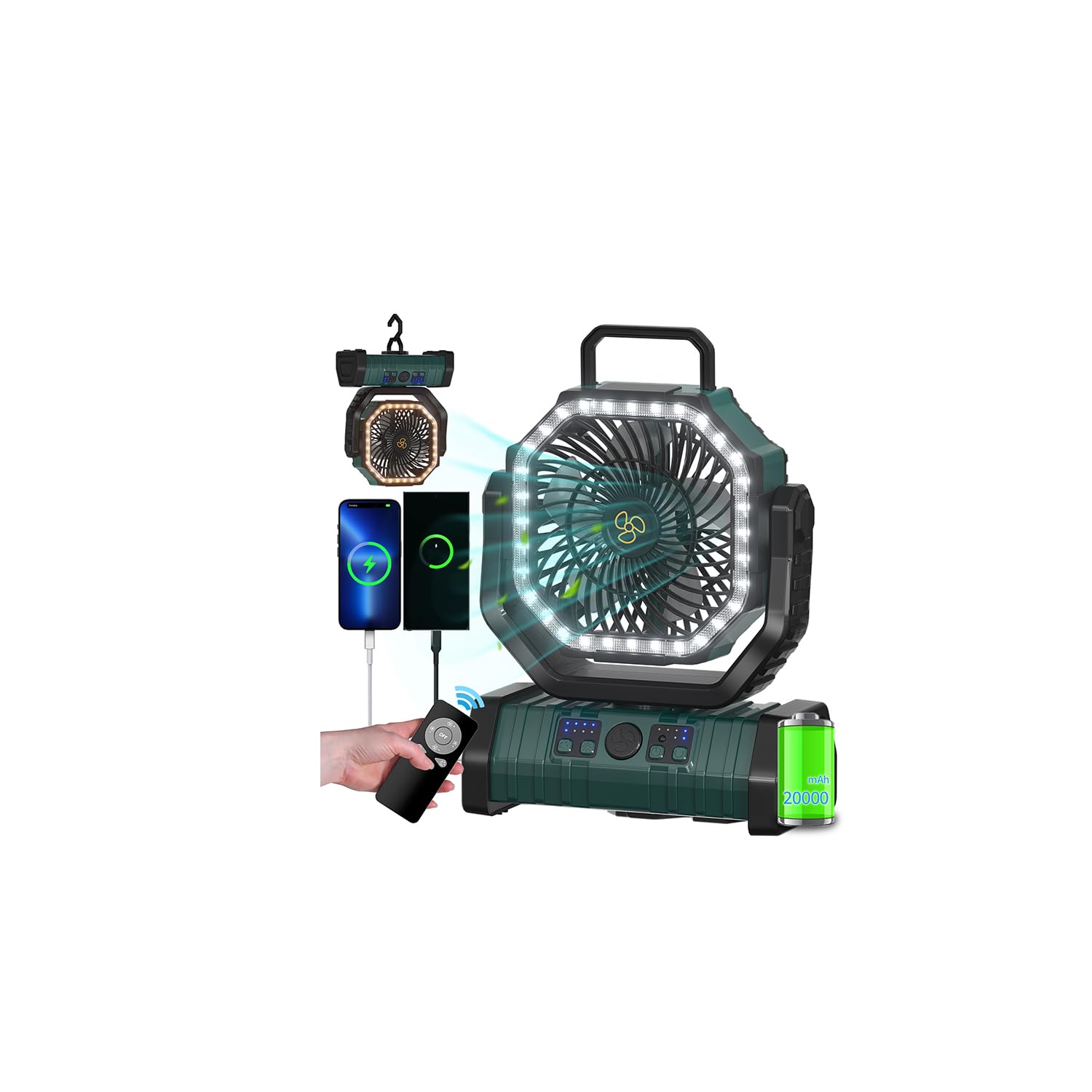 ADUST Camping Battery Operated Powered Fan with LED Lantern Light 20000mAh Rechargeable Portable, Oscillating Fan with 360 Rotat