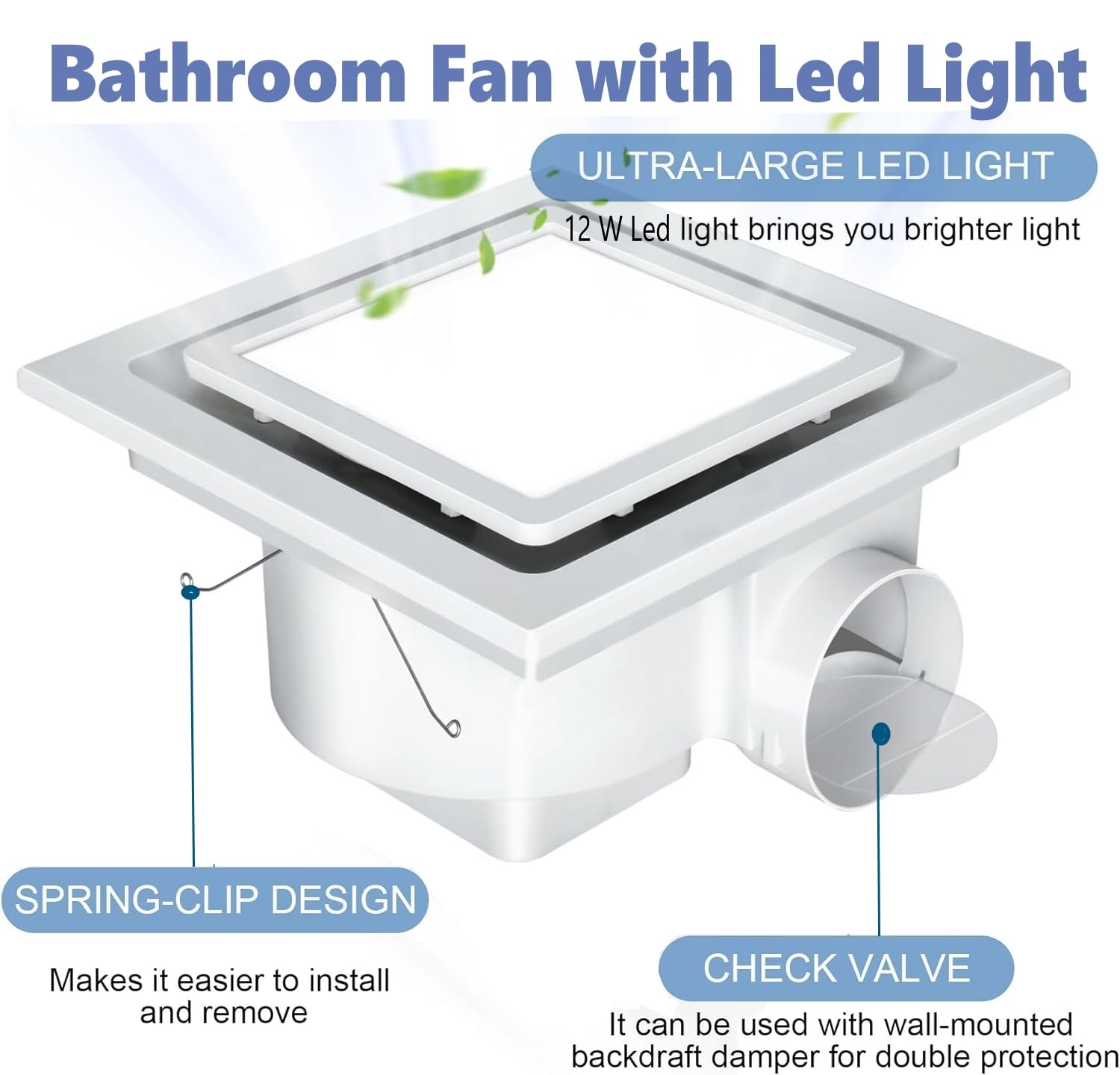Nalle Ventilation Fans Bathroom Exhaust Fan With Light 9.6 Inch Panel 6000K 12W Square Led 90 Cfm 1.0 Sones 4 Inch Duct 110V Qui