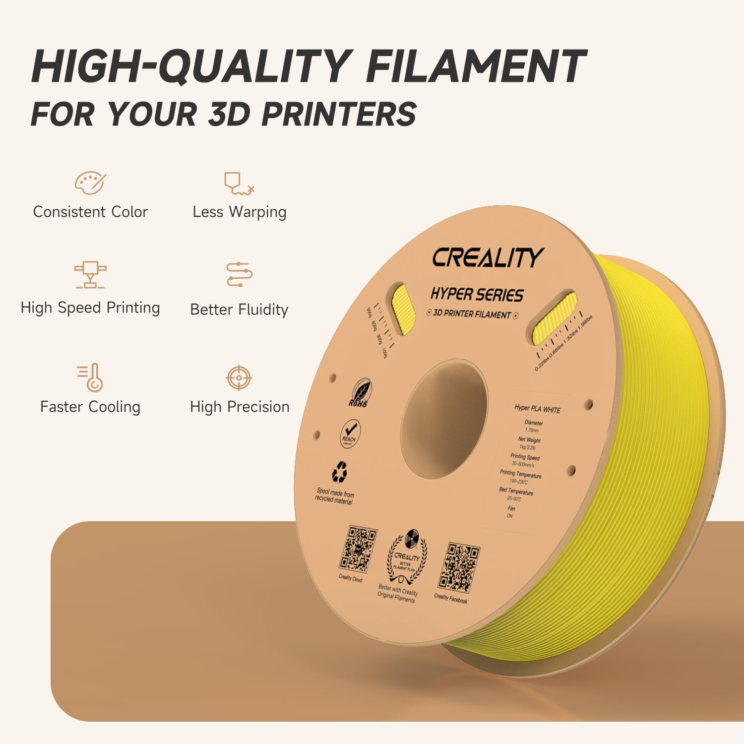 Official Creality Hyper Pla Filament 1.75Mm, High Speed Pla 30 600Mm/S 3D Printer Filament Pla, Dimensional Accuracy +/ 0.02Mm,