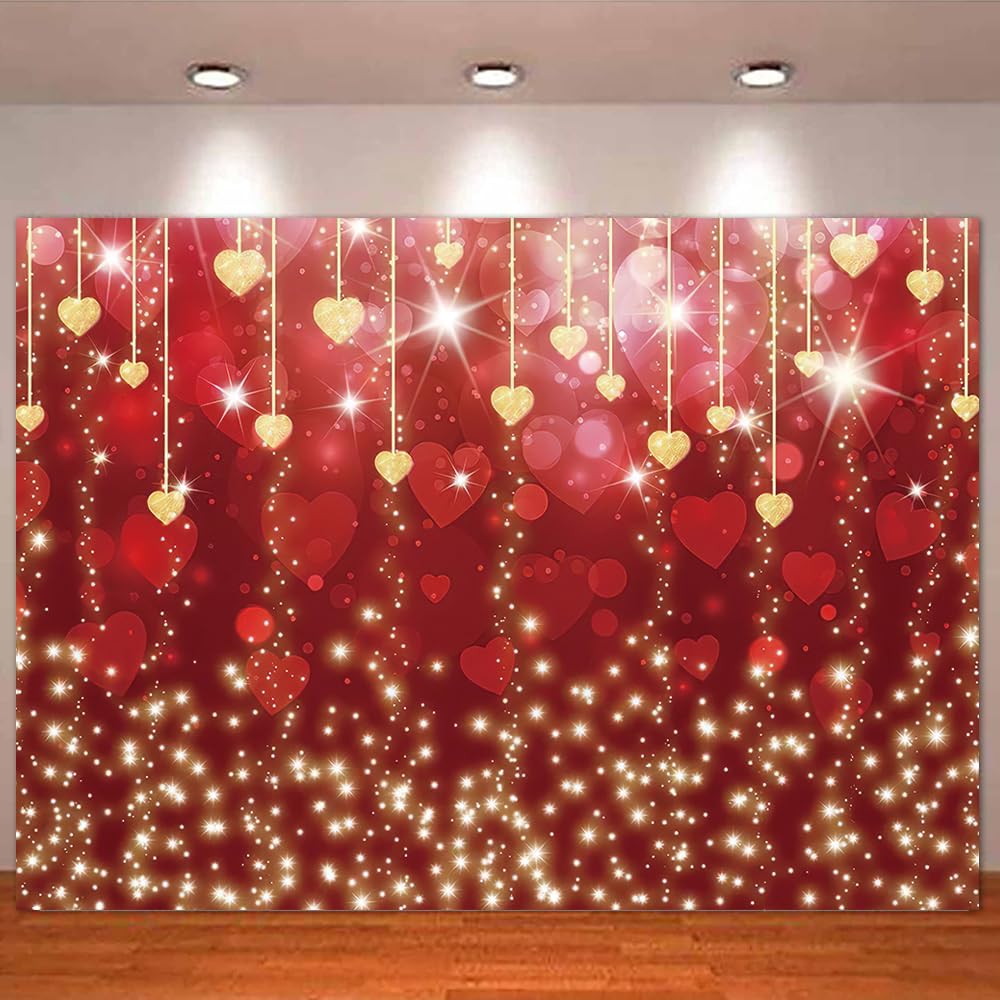 MAQTT 7x5 FT Romantic Red Valentines Day Photo Backdrop Bridal Shower Wedding Photo Studio Banner Gold Glitter Flash Love Heart