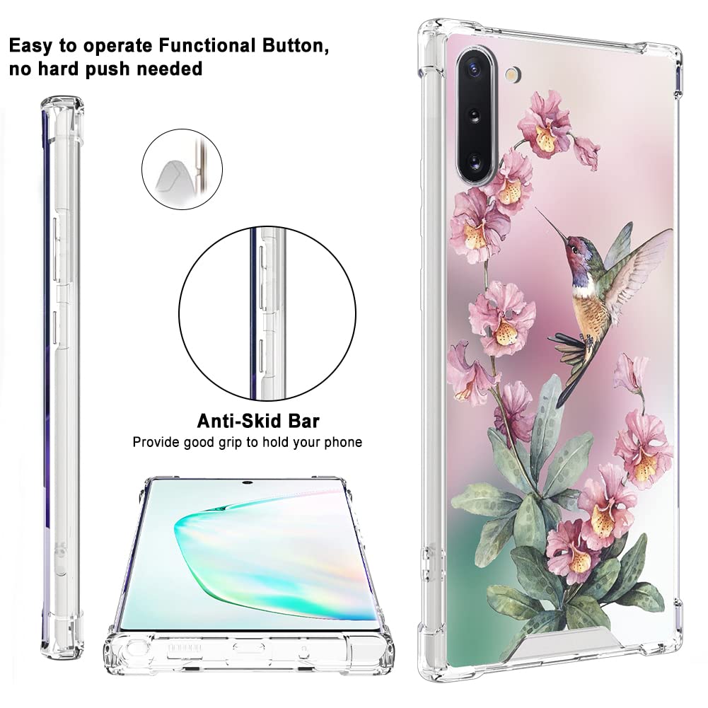 Ook Clear Case Compatible With Samsung Galaxy Note 10, Pink Hummingbird Pattern Flexible Tpu Shockproof Anti Scratch Bumper Tran