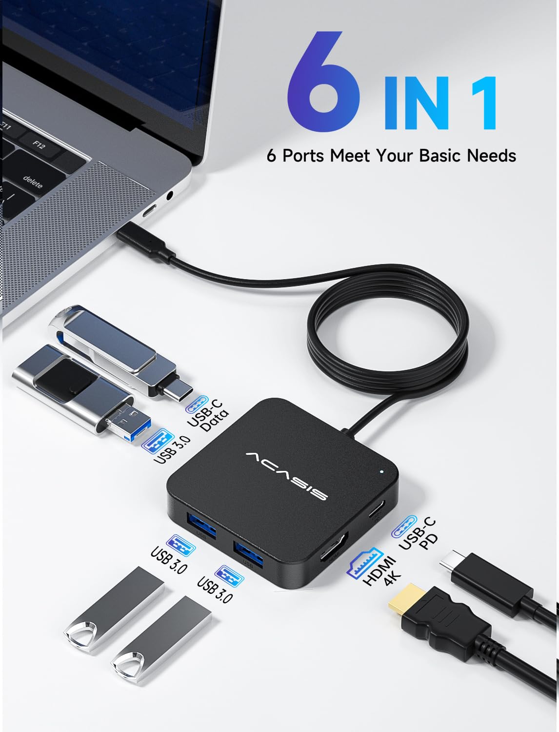 Usb C Hub Long Cable 4Ft, Usb C To Hdmi Multiport Adapter, 4K Hdmi, 100 W Power Delivery, 2 Usb A 3.0 Port, 1 Usb C Hub 3.0, Usb C Dongle For Macbook Pro/Air, Laptop And Usb C Devices