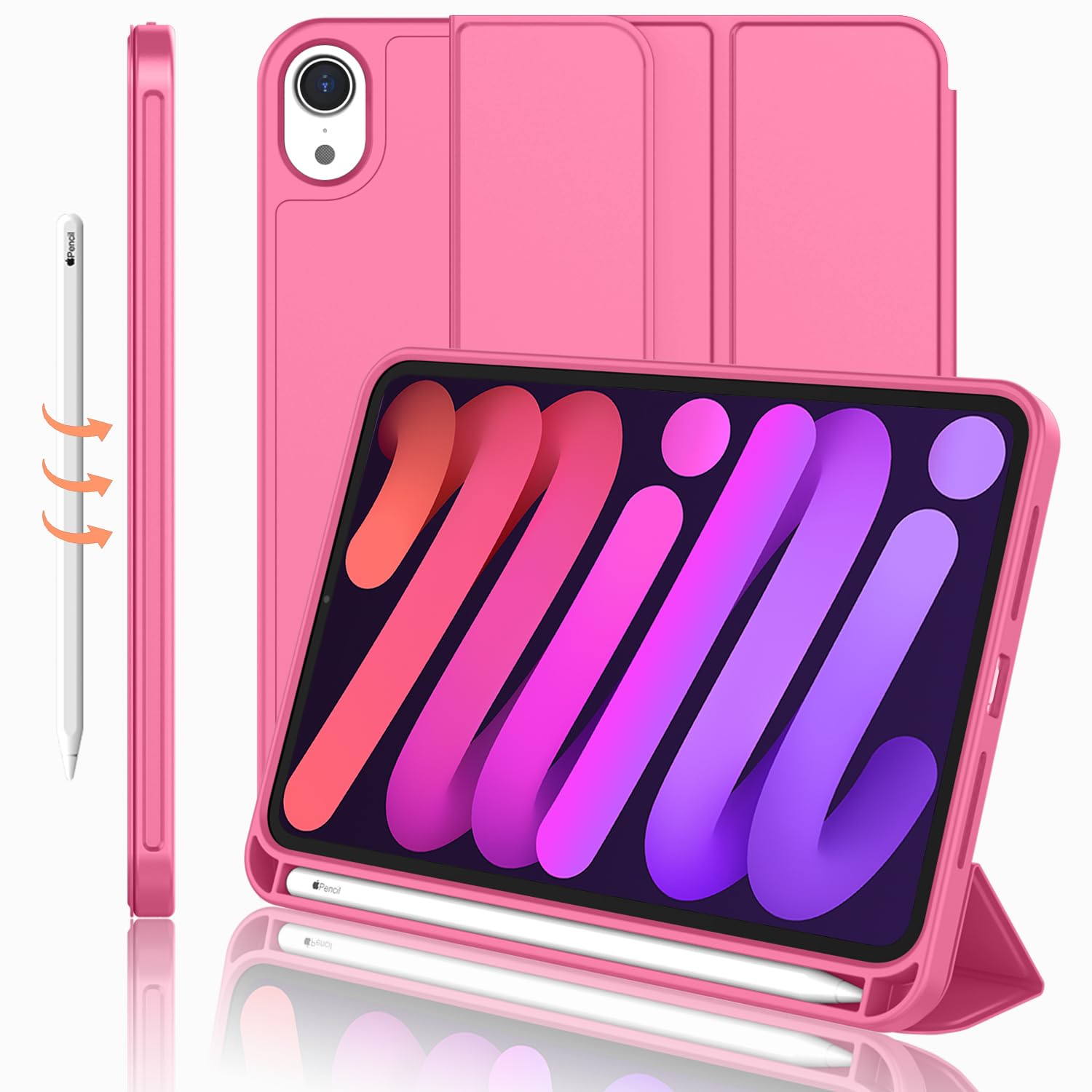 Imieet Ipad Mini 7 Case 2024 (A17 Pro), Ipad Mini 6 Case (8.3 Inch,2021 Model), Ipad Mini 7Th/6Th Generation Case With Pencil Holder, Trifold Stand Smart Case With Soft Tpu Back,Peach Red