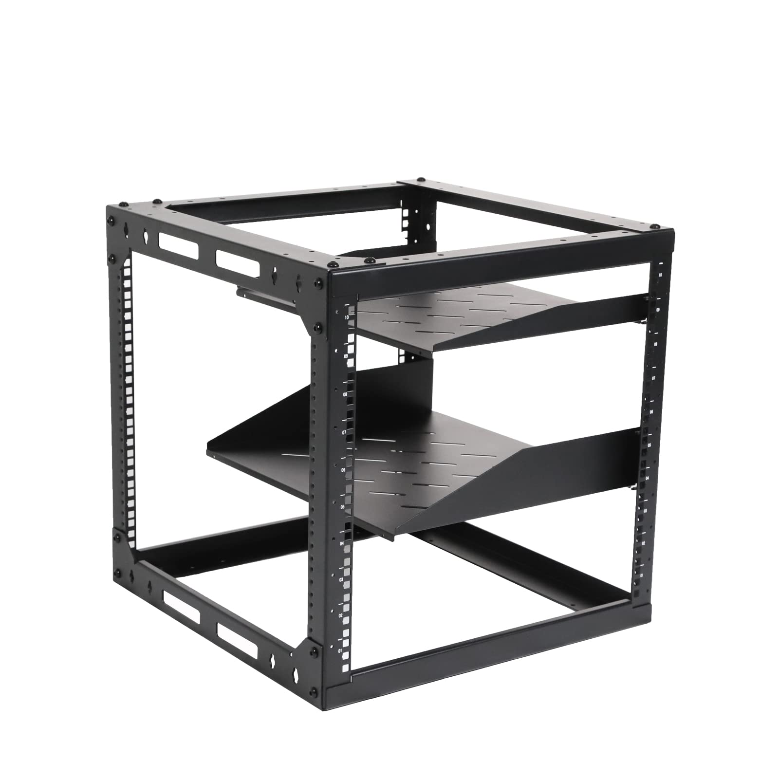 Aeons 10U Open Frame Network Server Rack 19 Inch 4 Post Av Rack With Casters For Floor Standing And Wall Mount, Side Load For Extra Depth� Complete Kit With 1U And 2U Vented Shelves, Black