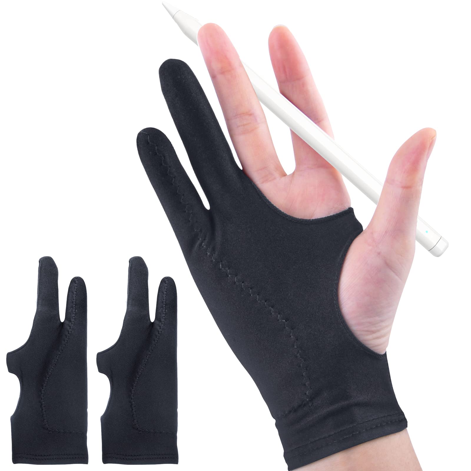 2 Pack Drawing Glove Palm Rejection For Ipad Surface All Capacitive Touch Screen Artist Right/Left Hand Graphic Tablet, Graphics Monitor Digital Drawing Sketching, Inking, Coloring Two Finger Gloves