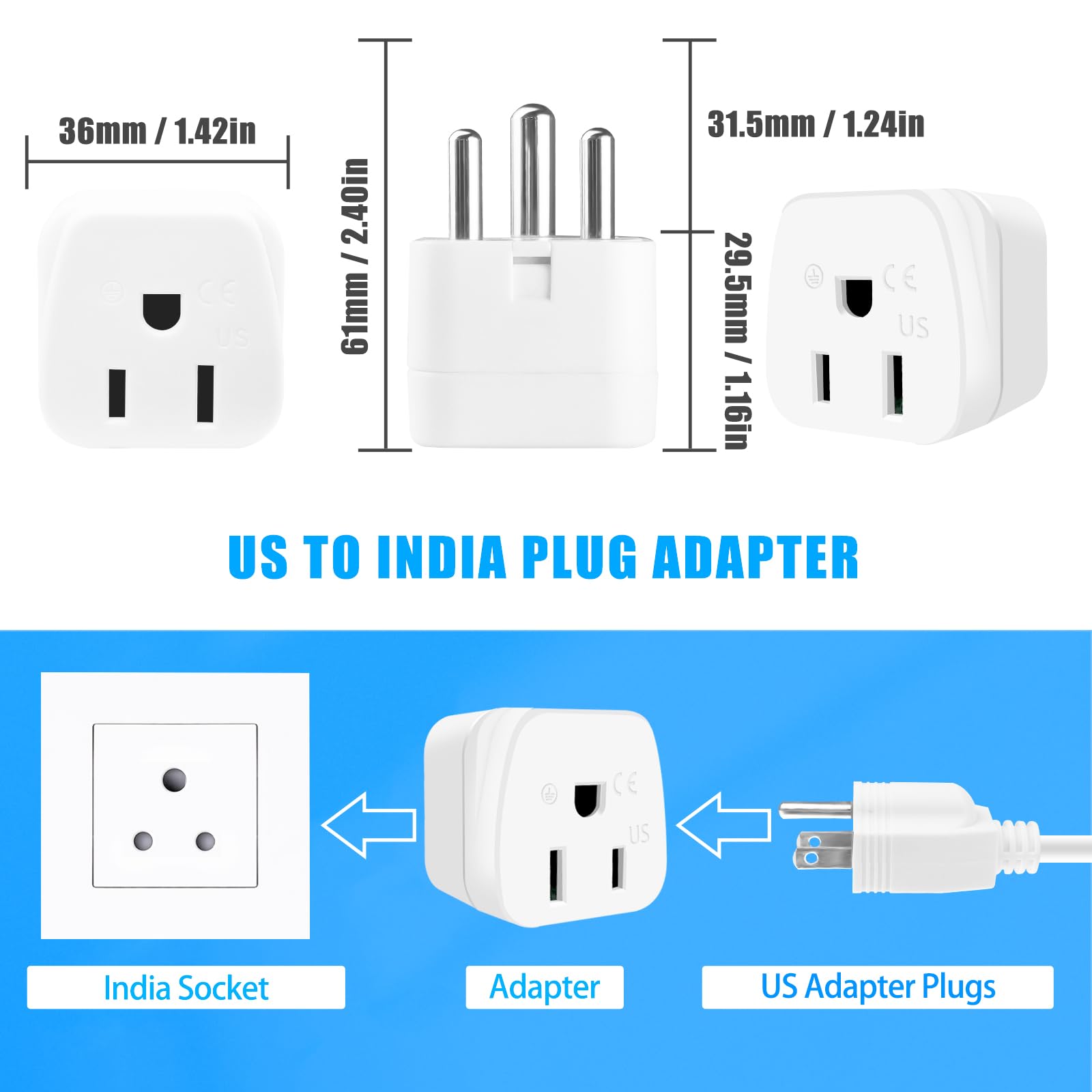 Us To India Plug Adapter,Type D Plug Adapter India Power Adapte Us To India, Bangladesh, Maldives, Pakistan Travel Adapter 2 Pac