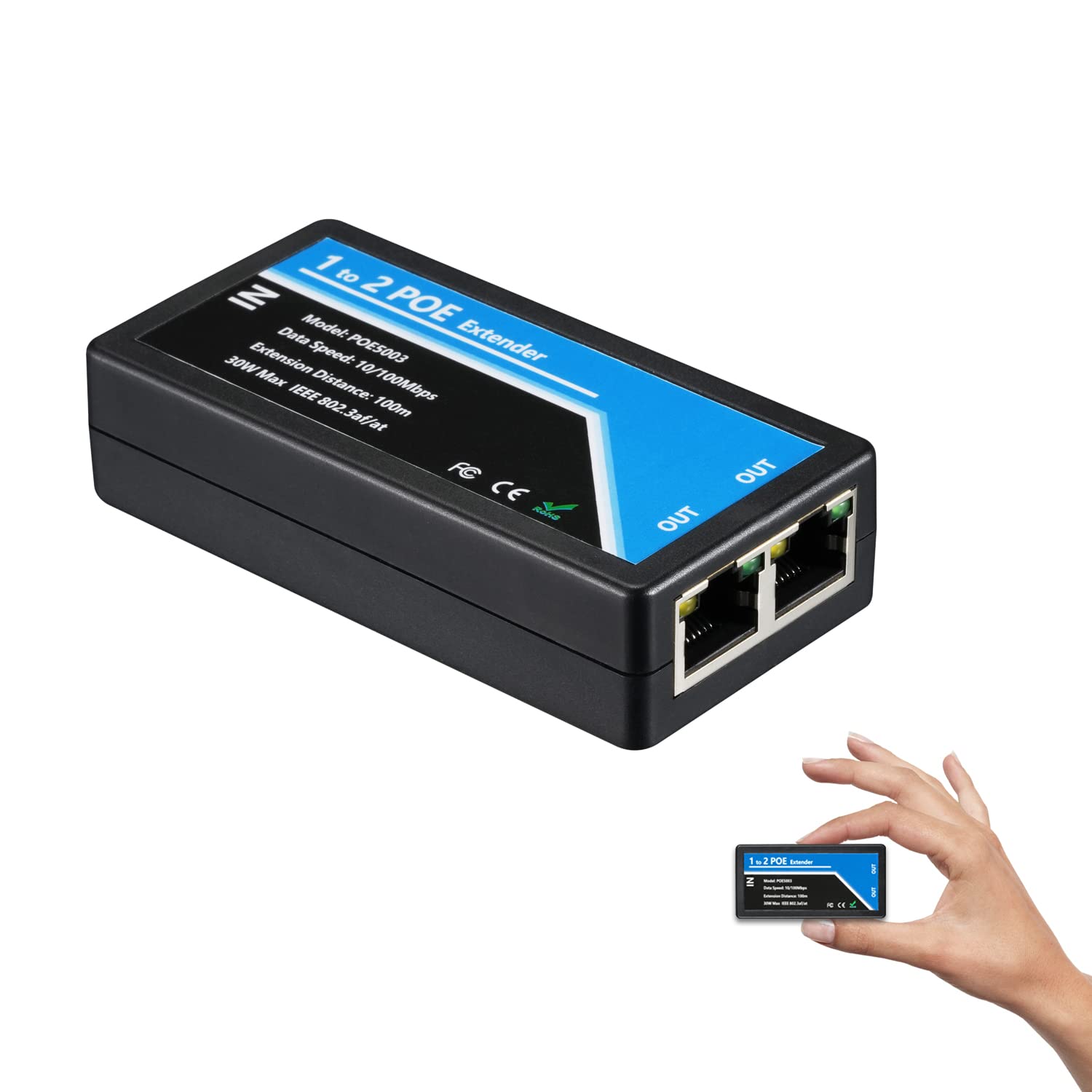 Revotech 2 Port Poe Extender Poe+ Repeater 100 Meters(328 Ft) Extender 1 In 2 Out Comply Ieee 802.3Af/At Standard 10,100Mbps For Security Poe Camera Over Cat5/Cat6 Or Utp Cables(Poe5003)