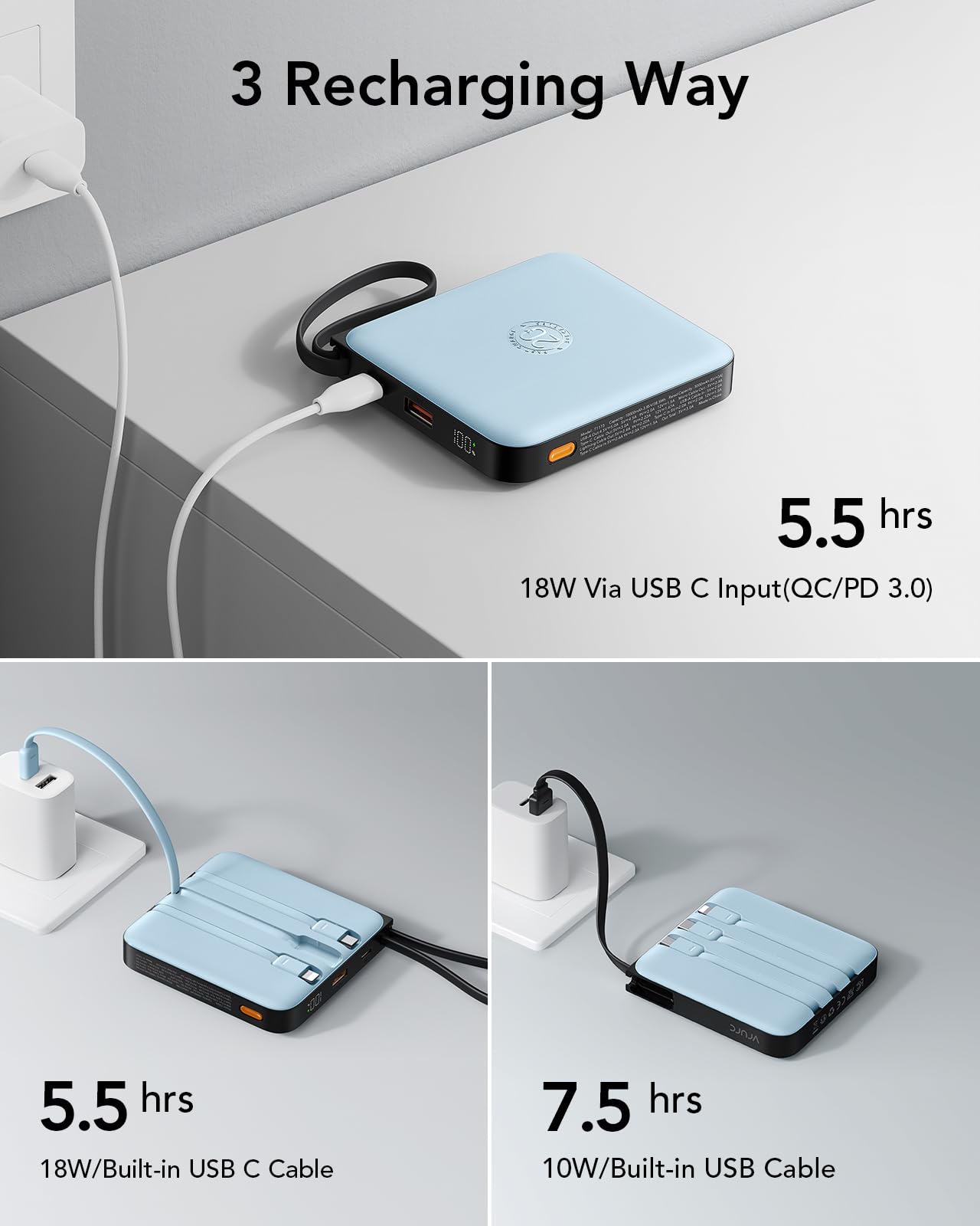 Vrurc Portable Charger With Built-In 4 Cables, 20000Mah Battery Pack Charger Portable Pd 20W Fast Charging, Power Bank For Iphon
