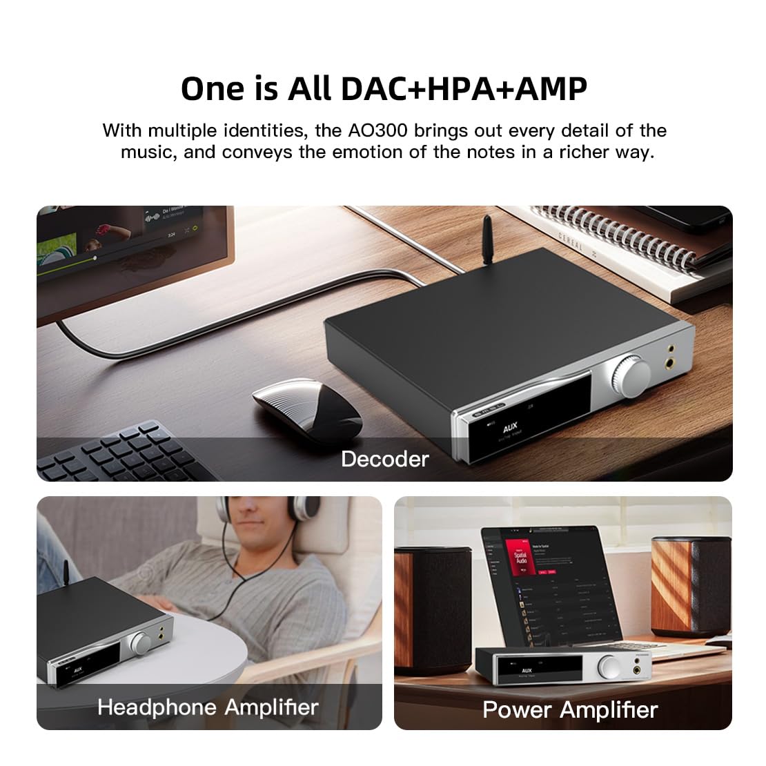 Smsl Ao300 Ma5332Ms Class D Power Amplifier Cs43131 165W X 165W Dac Headphone Amp, Usb/Coax/Opt/Hdmi Arc/Rca Input 2.1 Channel S