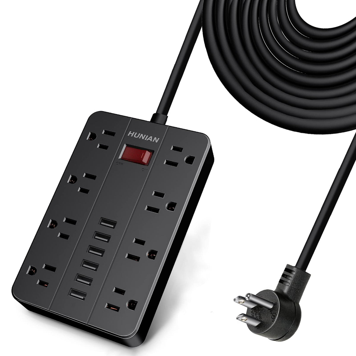 15 Ft Long Extension Cord Power Strip Surge Protector, Hunian Flat Plug With 8 Widely Spaced Outlets 6 Usb, Wall Mount Charging