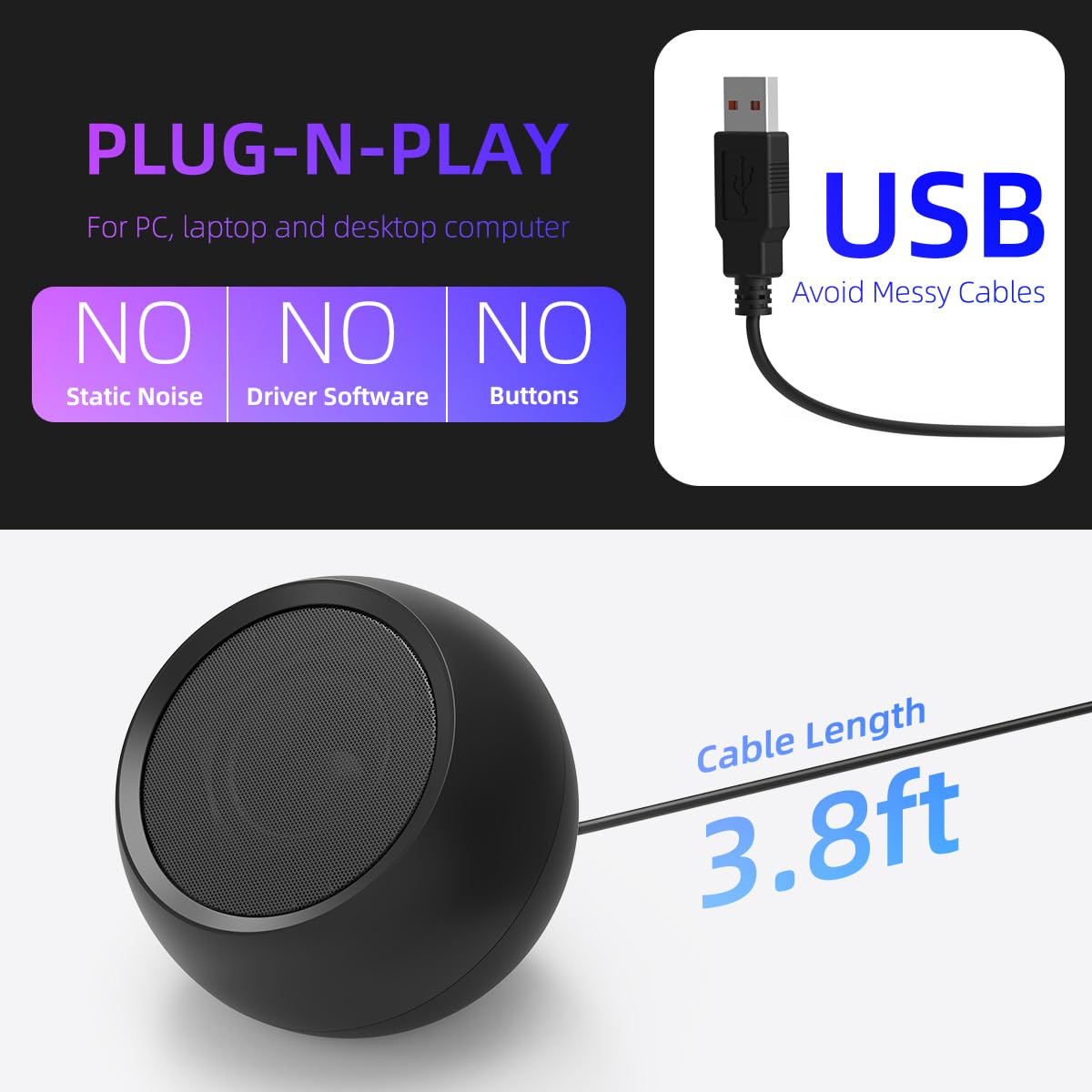 [Upgraded] Usb Computer Speakers For Desktop Pc Laptop | Small Plug N Play External Speakers With Crystal Clear Sound, Loud Volu