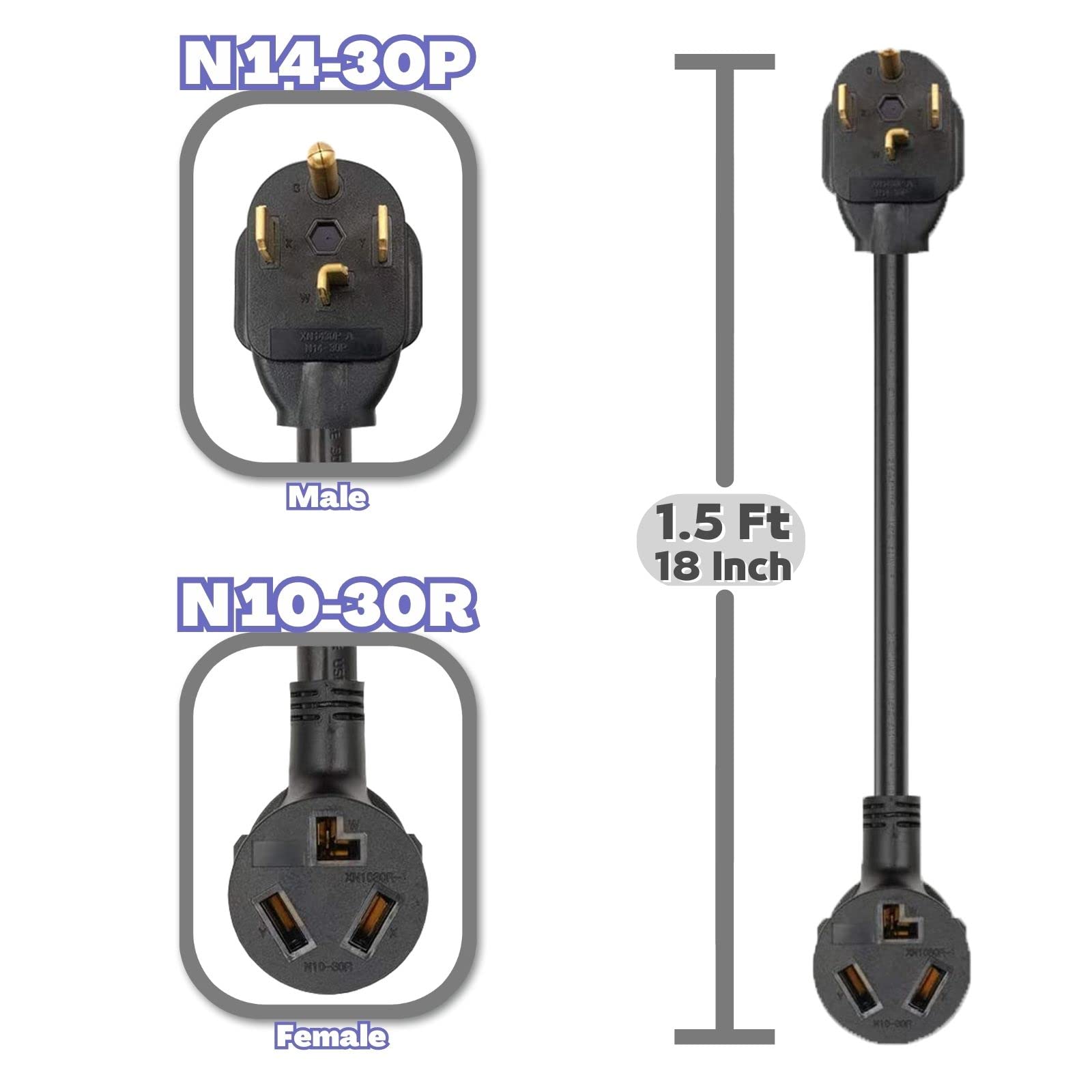 Dryer Adapter Cord, Nema 14 30P Male To 10 30R Female   3 Prong To 4 Prong, 1.5Ft, 30A/250V, Stw 10Awg   Ideal For Home Applianc
