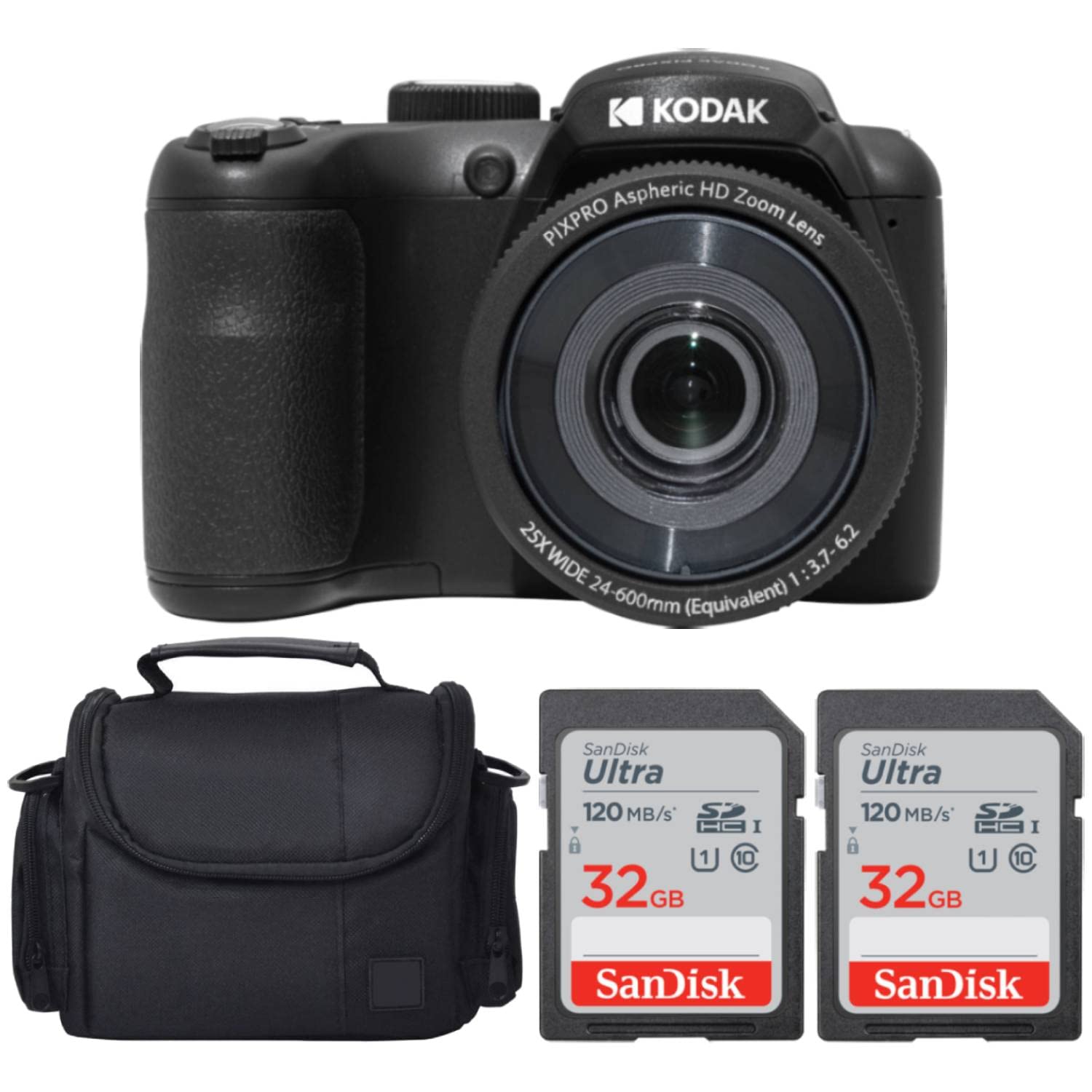 Kodak Pixpro Az255 Digital Camera (Black) Bundle With 32Gb Memory Card (2) + Digital Camera/Video Case (4 Items)