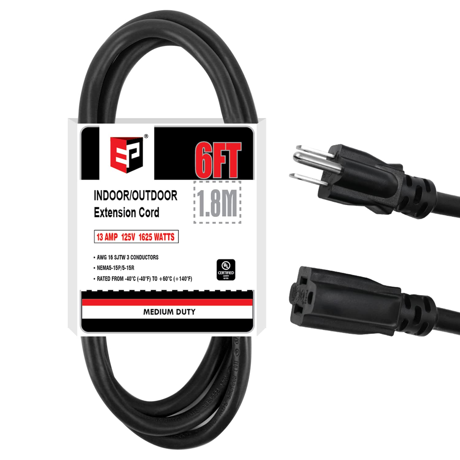 Ep 6 Ft Outdoor Extension Cord   16/3 Sjtw Durable Black Electrical Cable With 3 Prong Grounded Plug