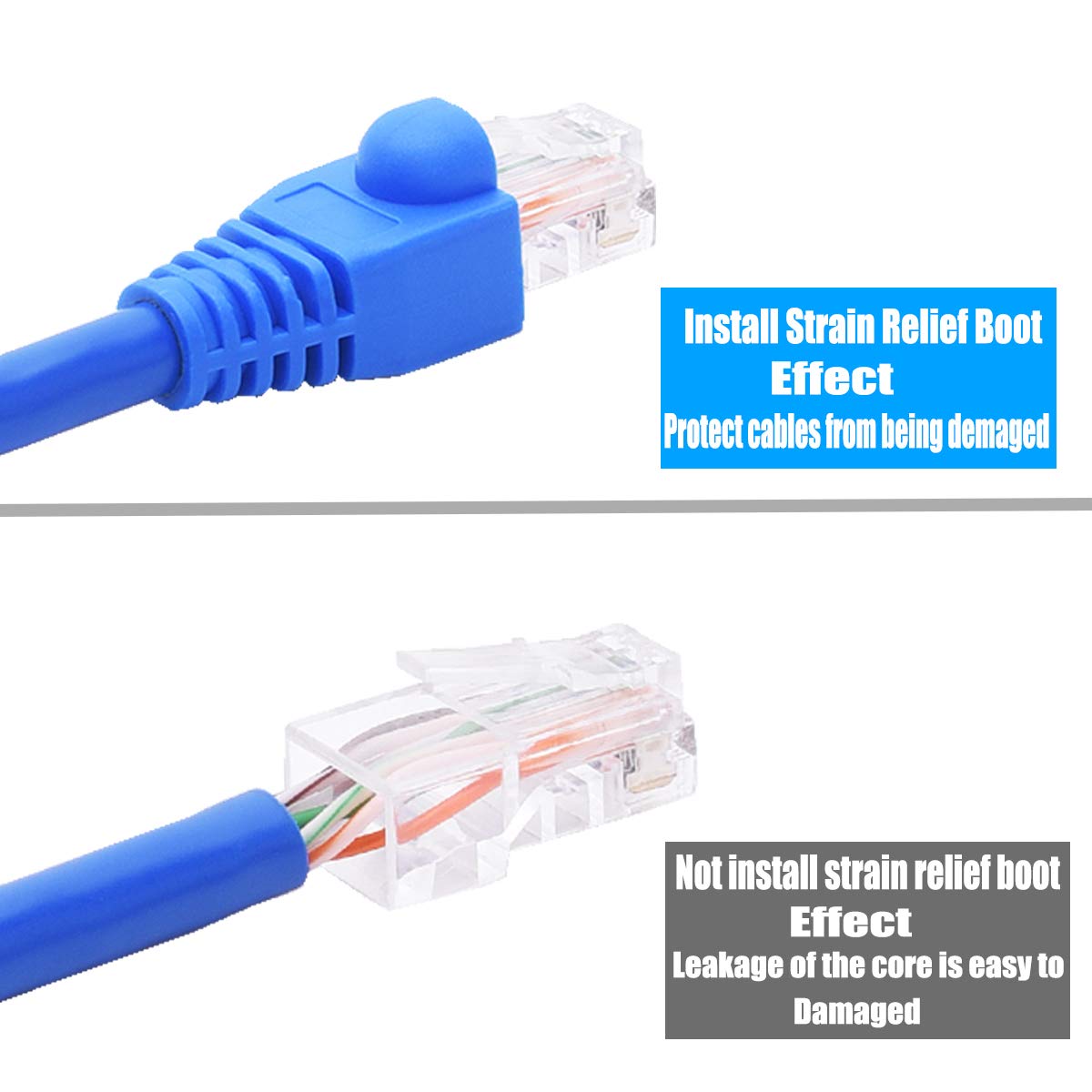Petechtool Rj45 Cat6 Pass Through Connectors Gold Plated 8P8C Ends And Blue Strain Relief Boots For Cat6 Rj45 Ethernet Network C