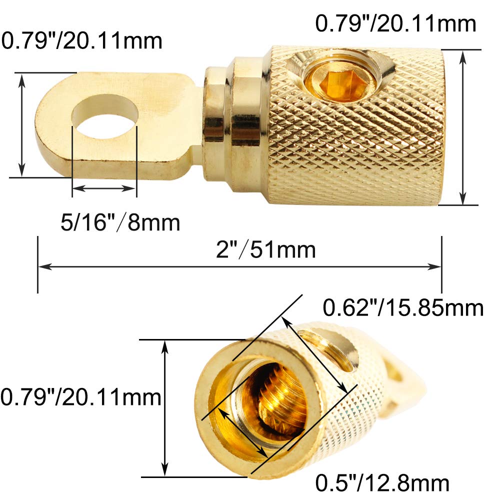 Car Audio Battery Terminal Connector Pure Brass Gold Plated 0 Gauge Car Audio Amp Input Reducers For 0 2 Gauge Wire 2Pcs