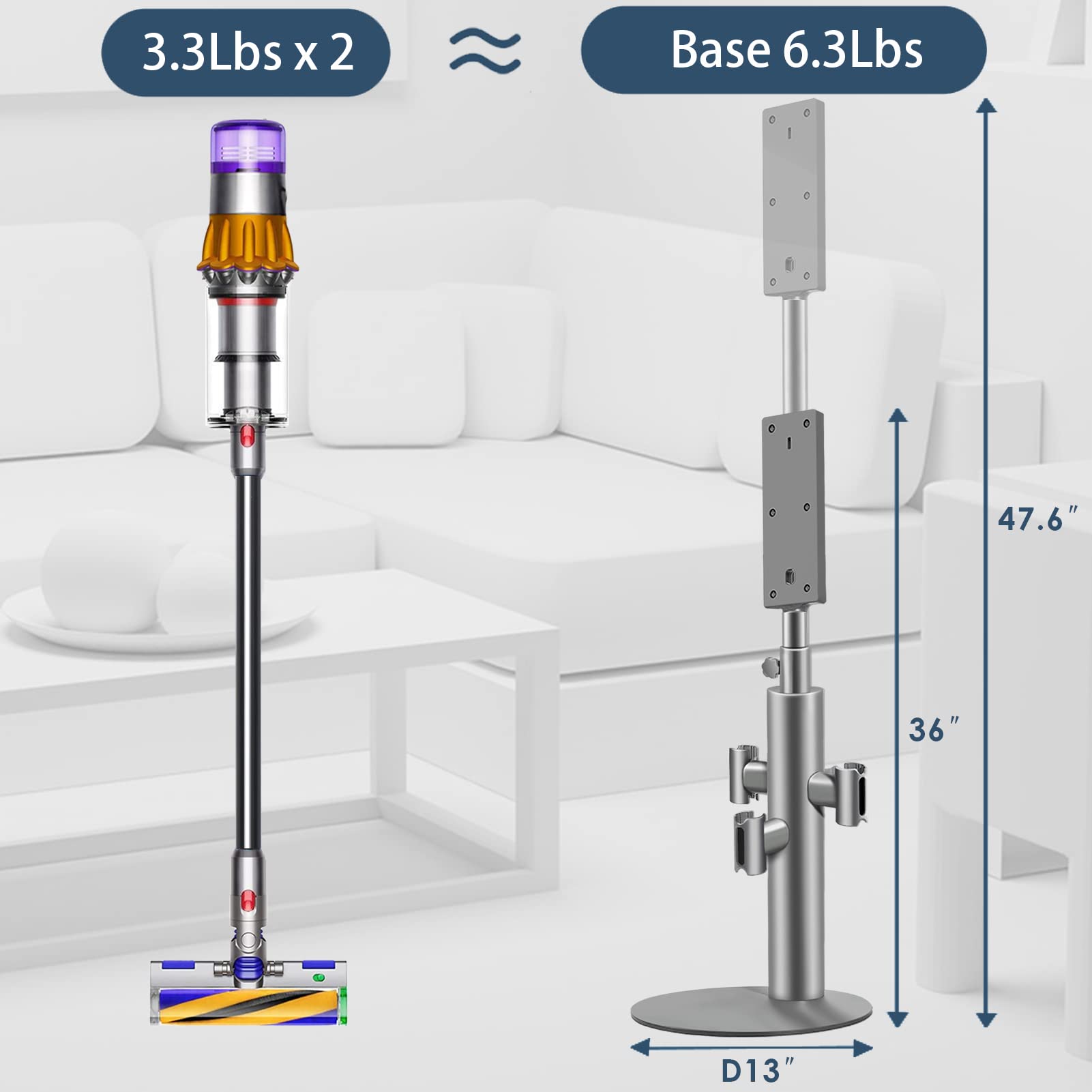 Lasvea Height Adjustable Vacuum Stand For Dyson V15, V12,V11, V10,V8,V7   Aluminum Tube Vacuum Rack Organizer, 7.9 Lbs Steel Bas