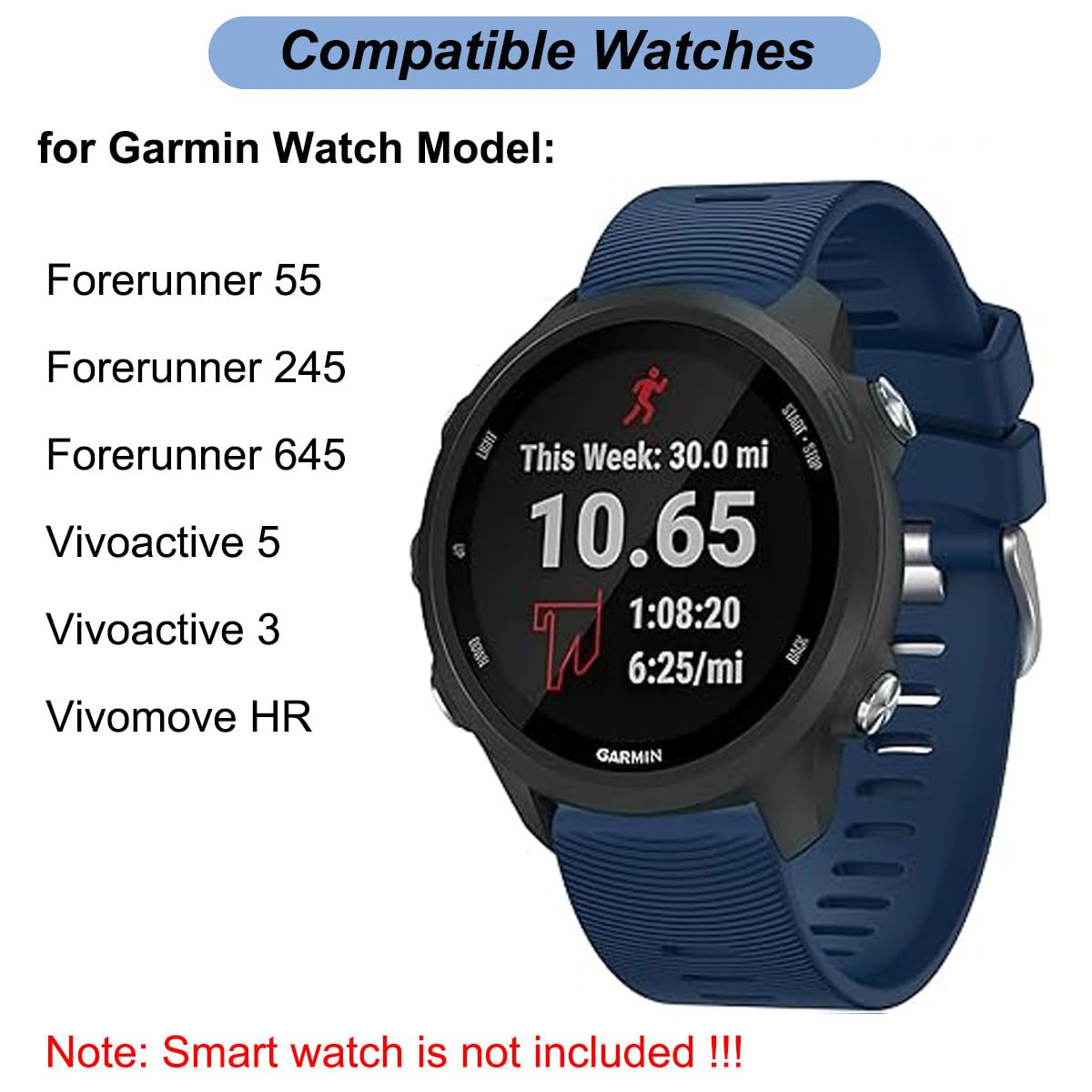 20Mm Watch Band For Garmin Forerunner 55/Forerunner 245/Vivoactive 5/Vivoactive 3, Soft Silicone Band Replacement Strap For Garm