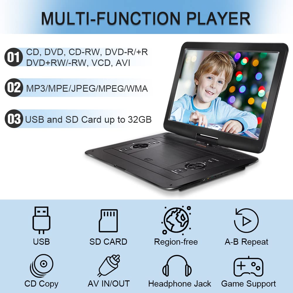 17.9'' Portable Dvd Player With 15.6'' Hd Swivel Large Screen, Dvd Player Portable With 6 Hrs 5000Mah Rechargeable Battery, Sync